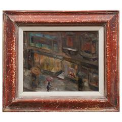 Oil Painting with Painted Red Frame of Rainy City Streets, circa 1950