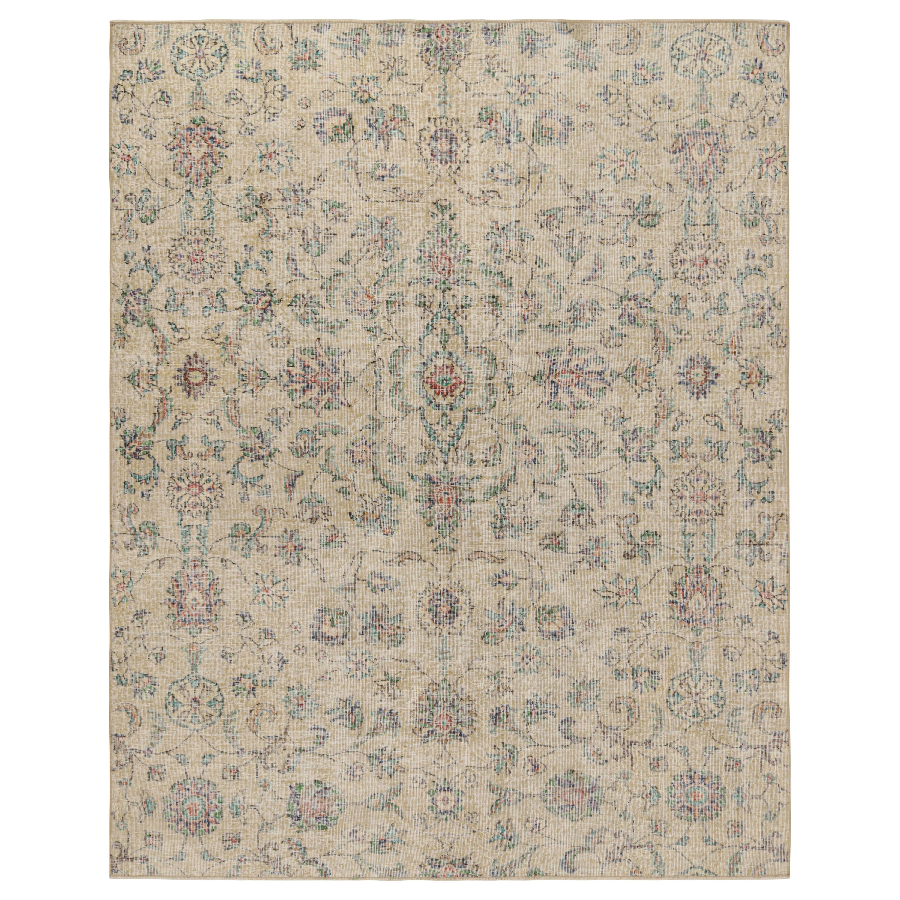 Vintage Transitional Rug in Beige with Green Floral Pattern, from Rug & Kilim  For Sale