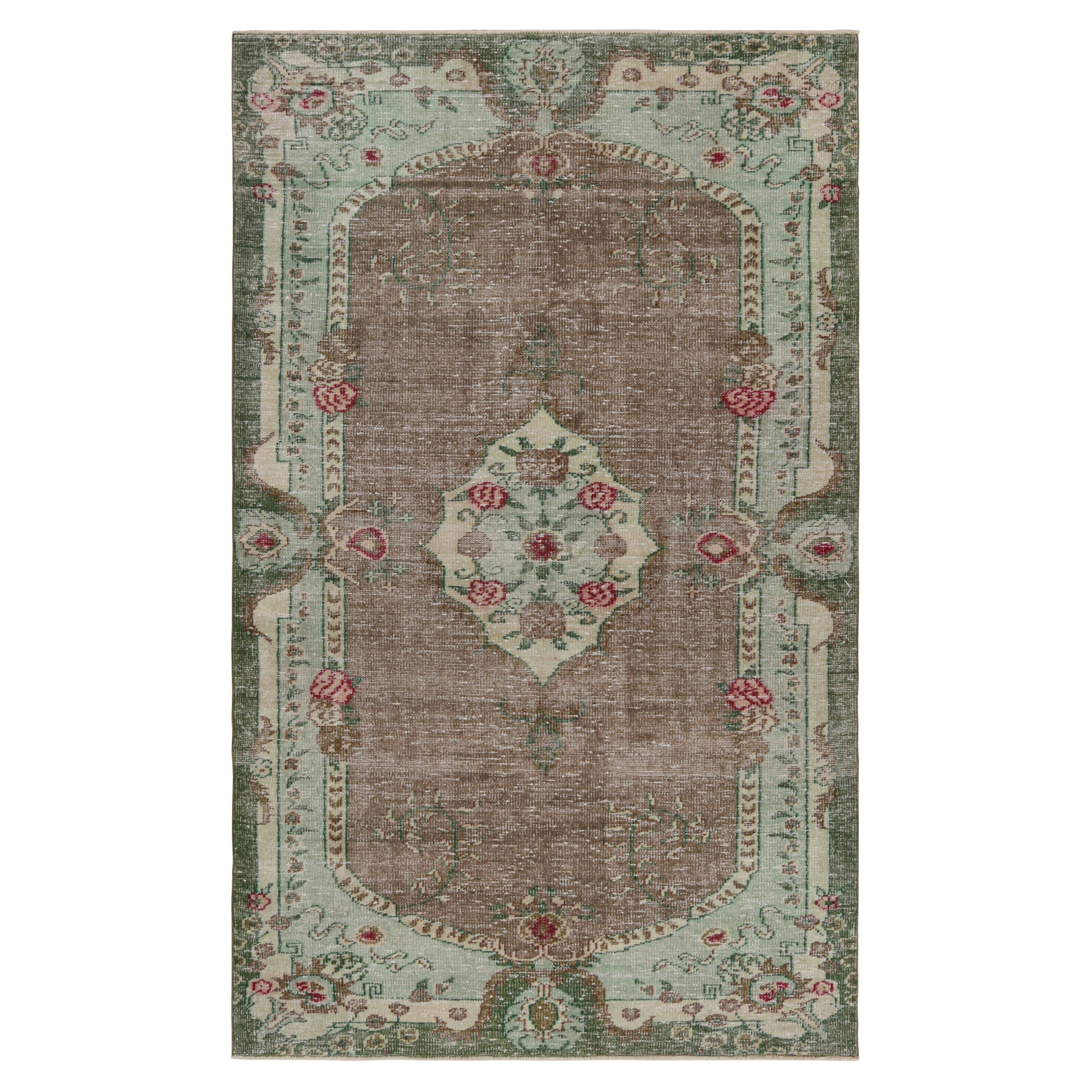 Vintage Zeki Müren Rug in Brown with Green Floral Medallion, from Rug & Kilim For Sale