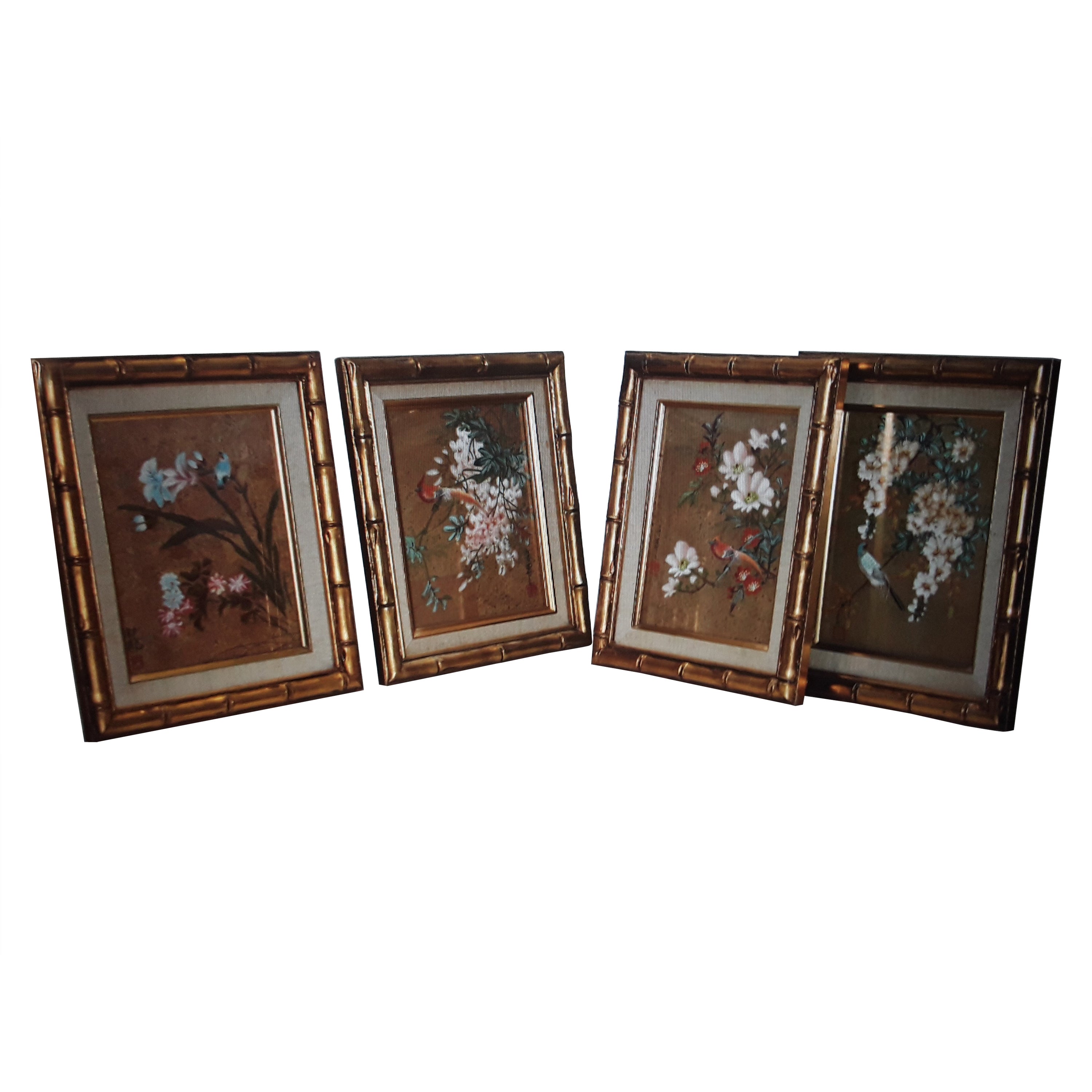 1940's Set of 4 Hollywood Regency Artisan Painted Flowers and Birds Orientaliste For Sale