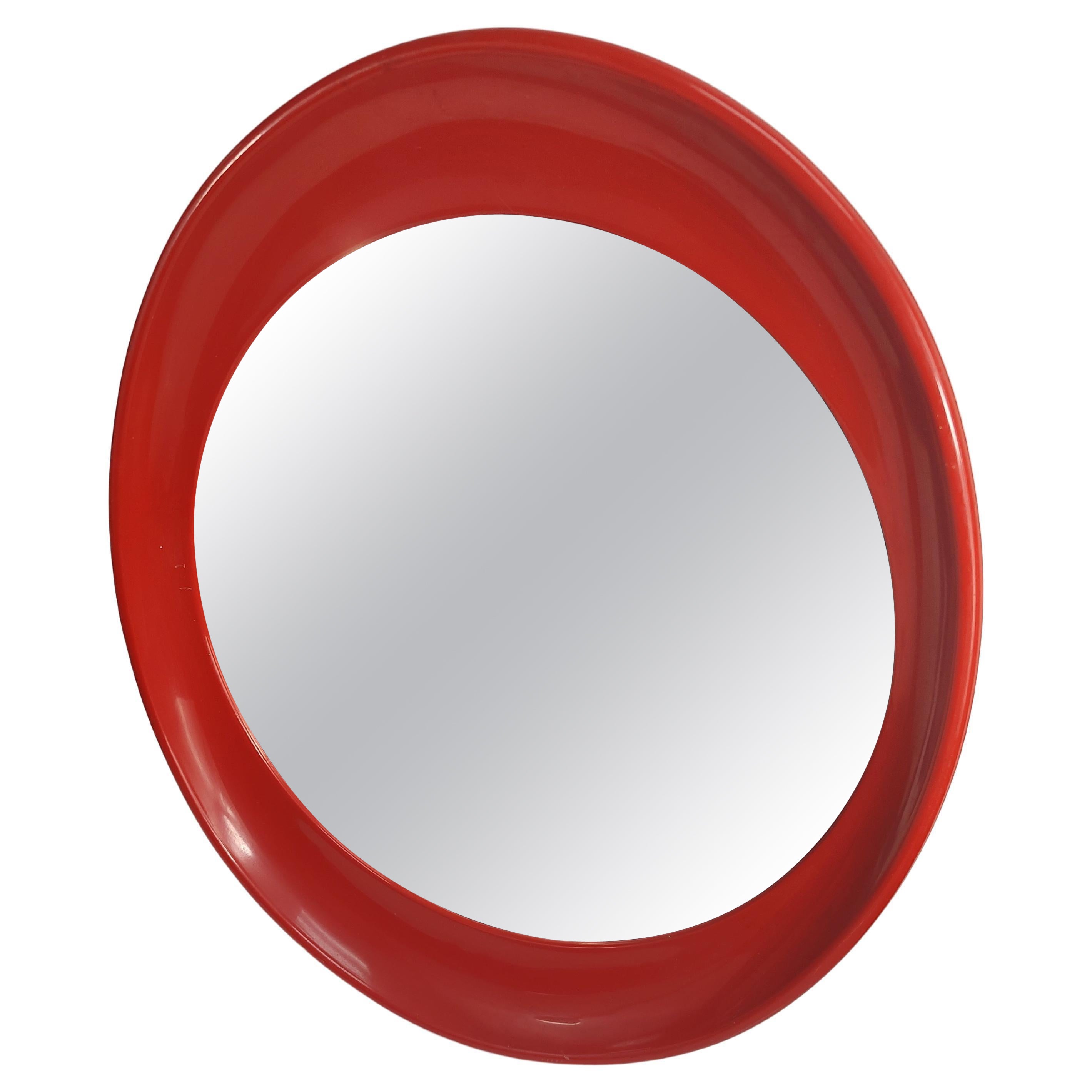 Mid Century Modern Italian Red Plastic Oval Mirror Attributed to Joe Colombo