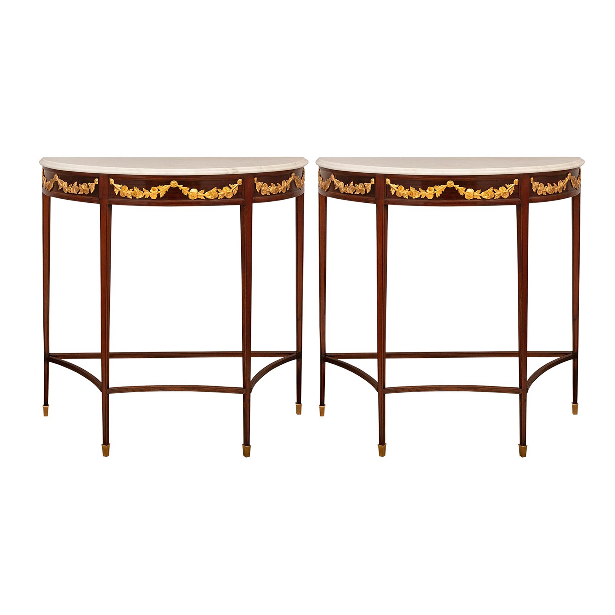 Pair Of Italian 19th Century Louis XVI St. Giltwood, Marble, & Mahogany Consoles For Sale