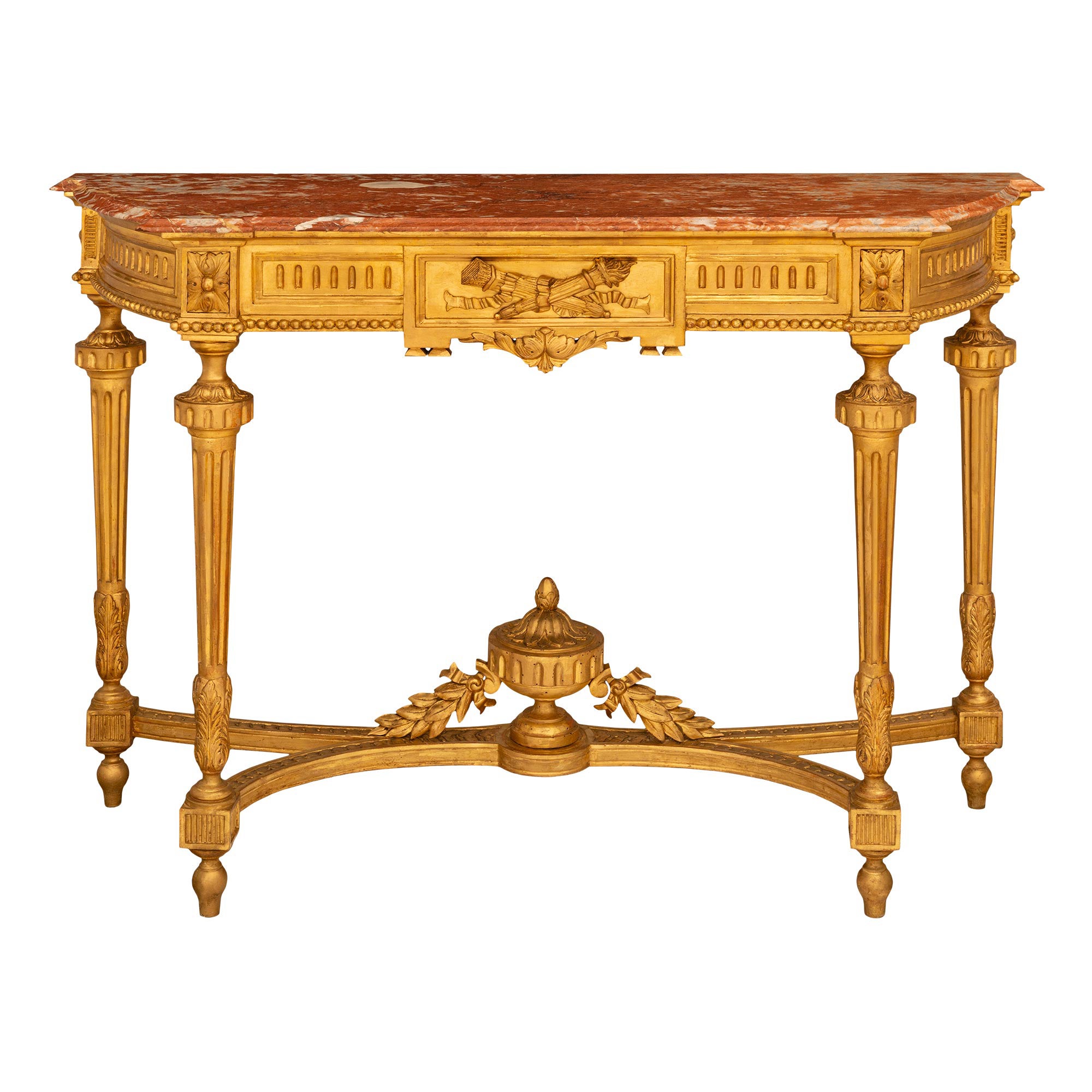 Français 19e s. Console Louis XVI en bois doré et marbre rosé Vif des Pyrénées en vente