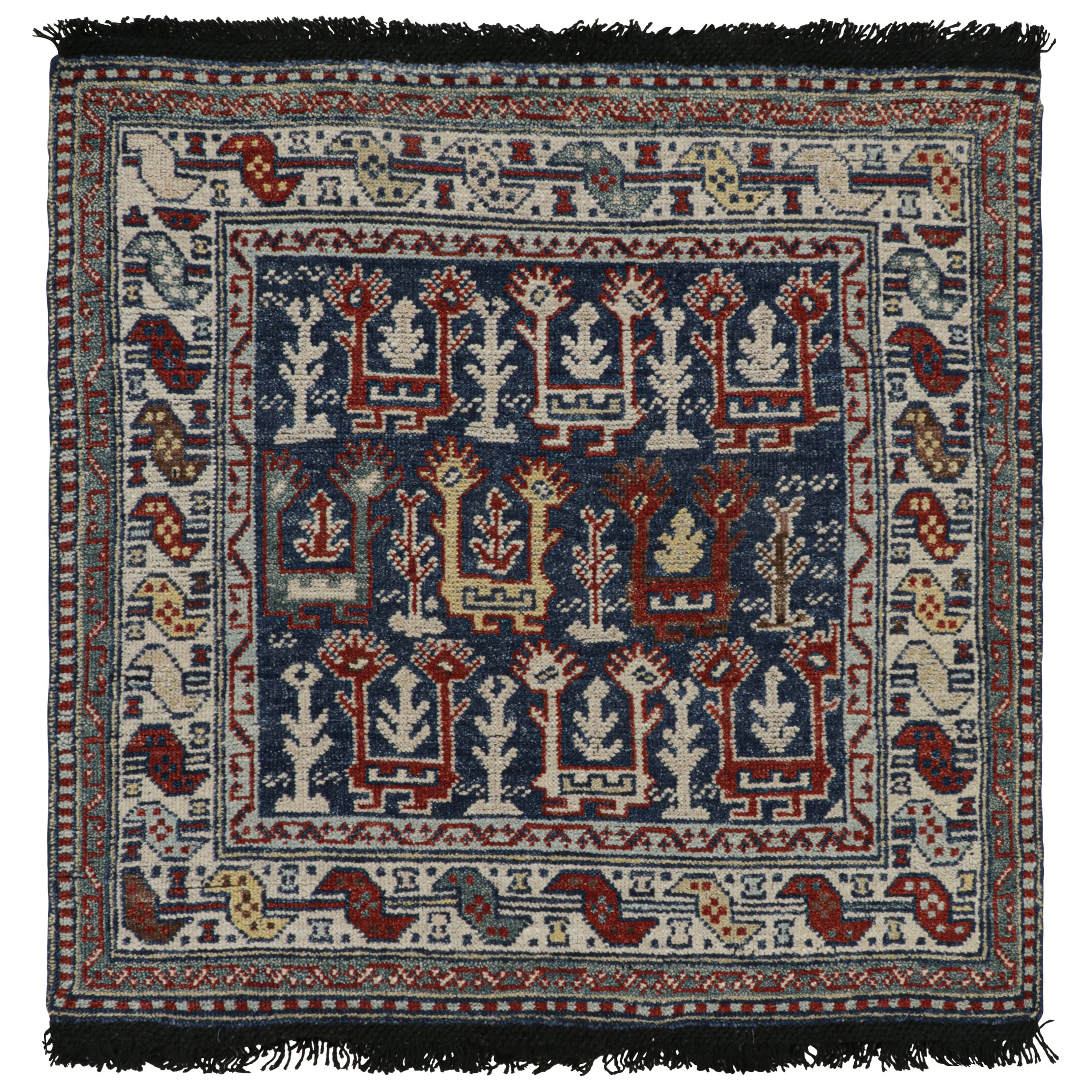 Rug & Kilim’s Blue Tribal Style Square Rug with Primitivist Geometric Patterns For Sale