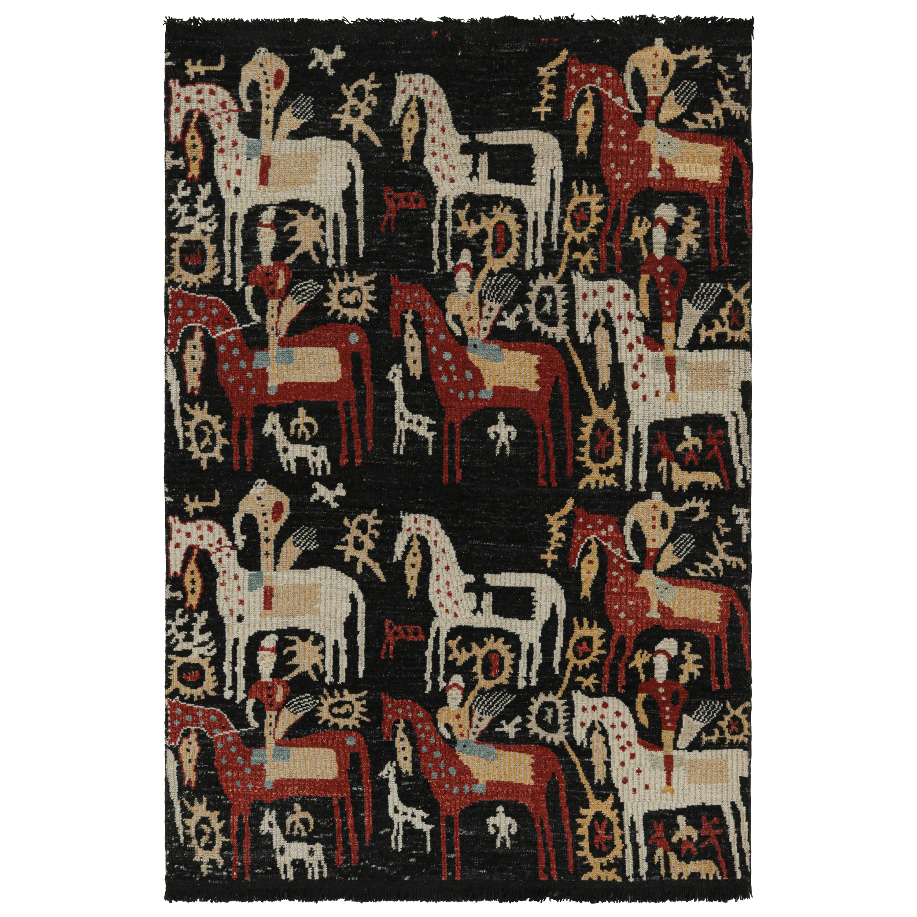 Rug & Kilim’s Caucasian-Style Rug in Black with Horseback Rider Pictorials For Sale