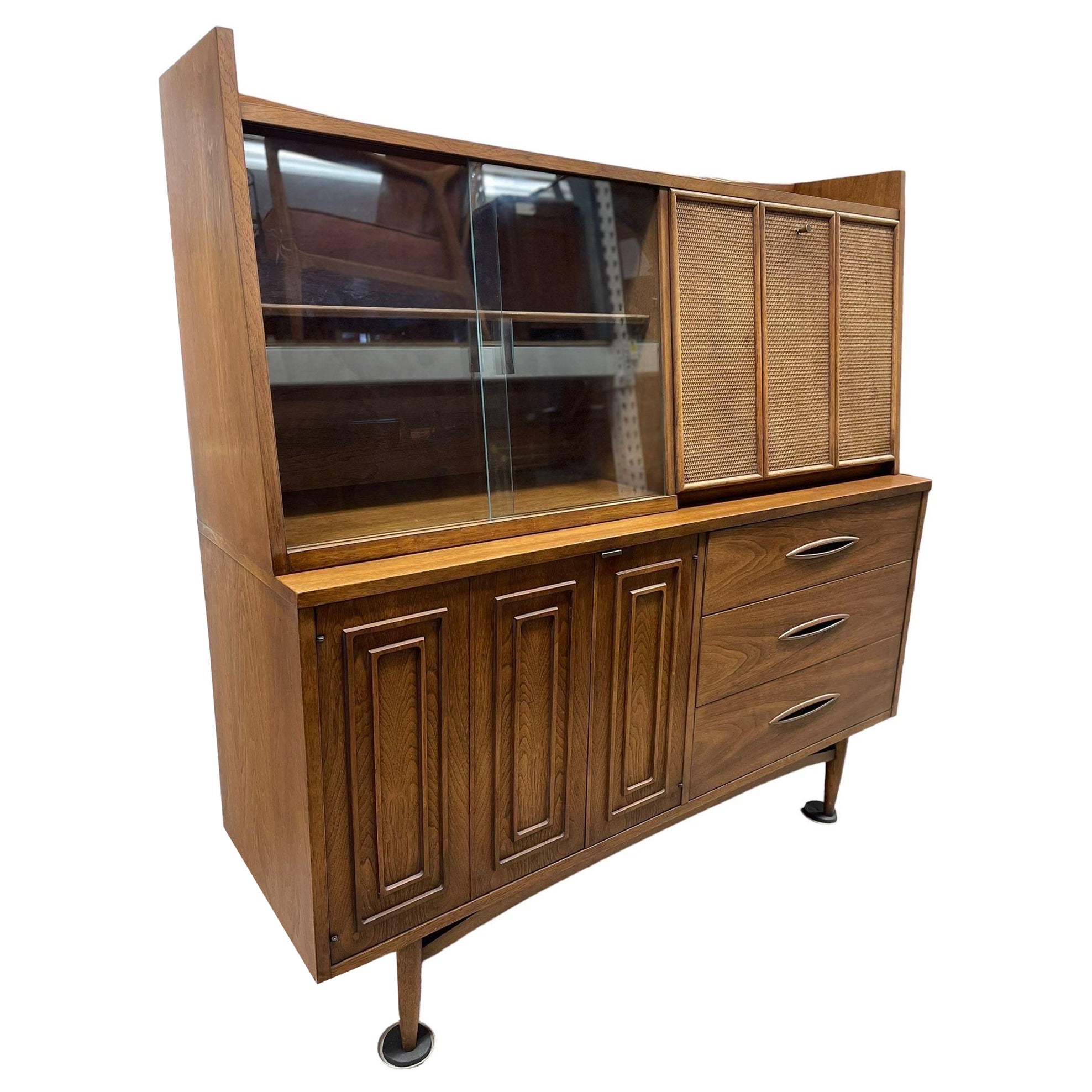 Vintage Mid Century Modern Sculptra Broyhill Two Piece Hutch and Credenza  For Sale