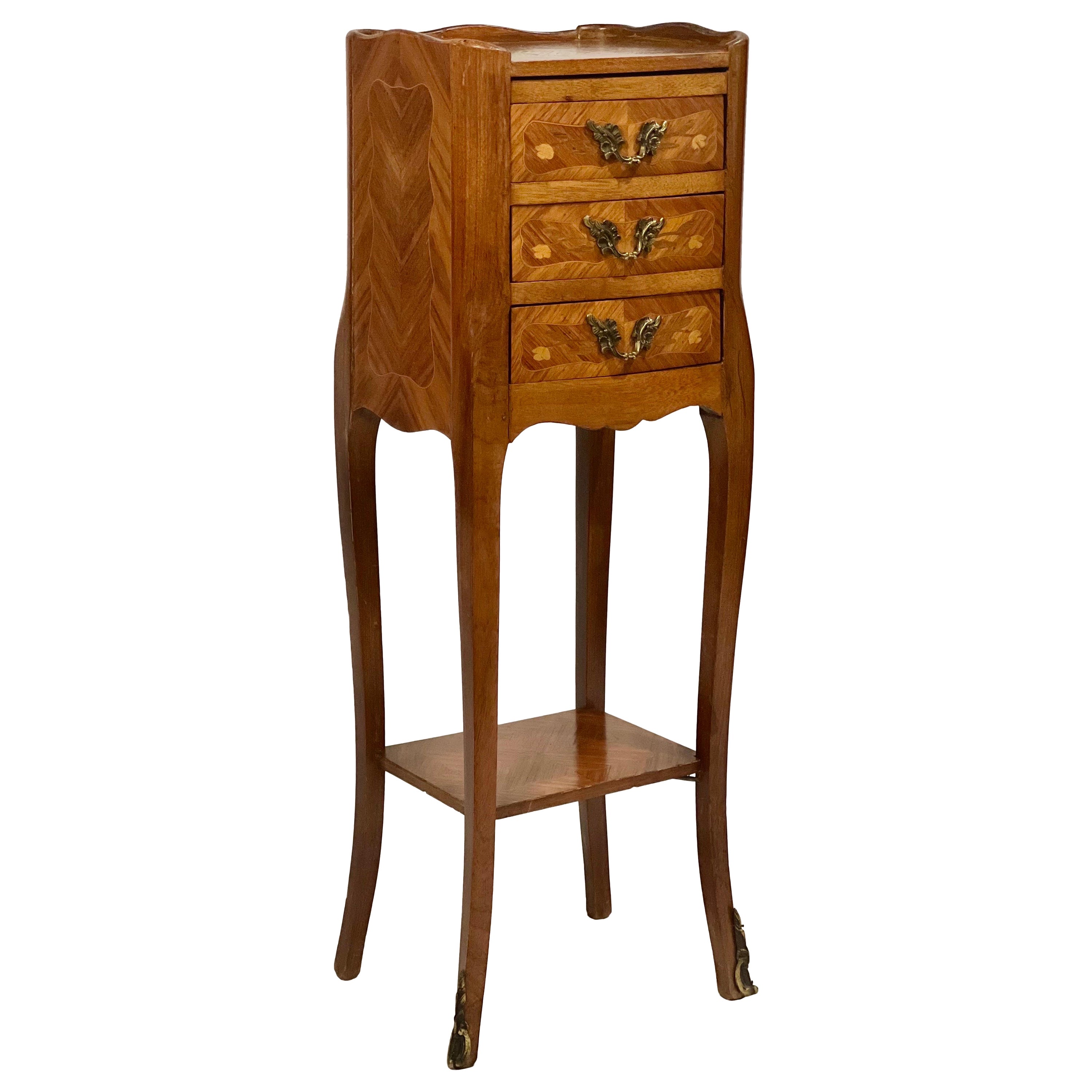 Early 20th Century French Tulipwood Marquetry Side Table or Bedside Stand