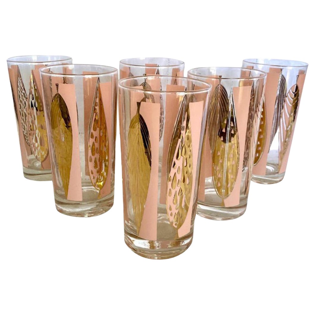 Mid-Century Fred Press Signed Pink & Clear 22-Karat Gold Leaves Glasses-Set of 6 For Sale