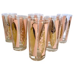Mid-Century Fred Press Signed Pink & Clear 22-Karat Gold Leaves Glasses-Set of 6