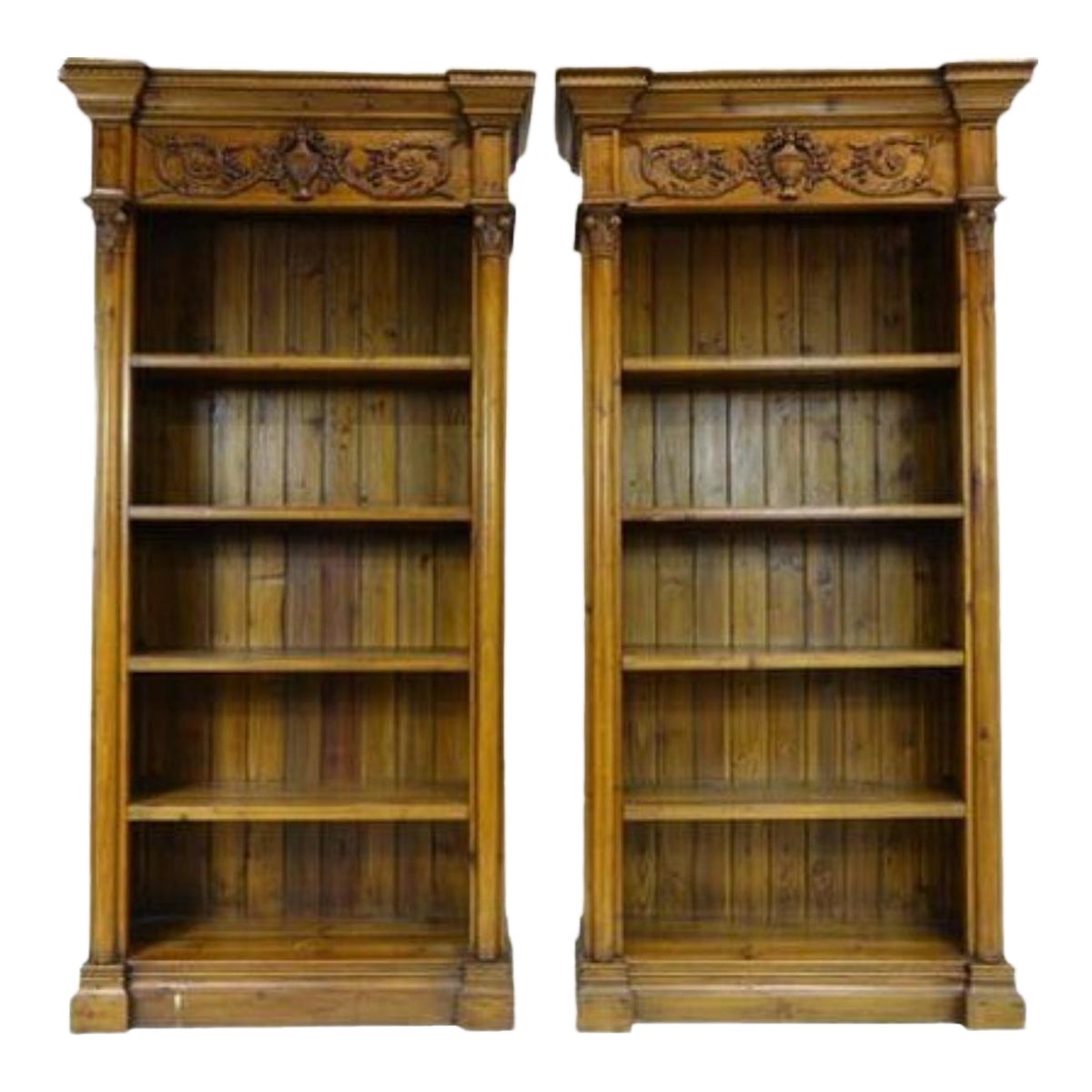 Pair of Tall Rustic Wood Carved Bookcases 