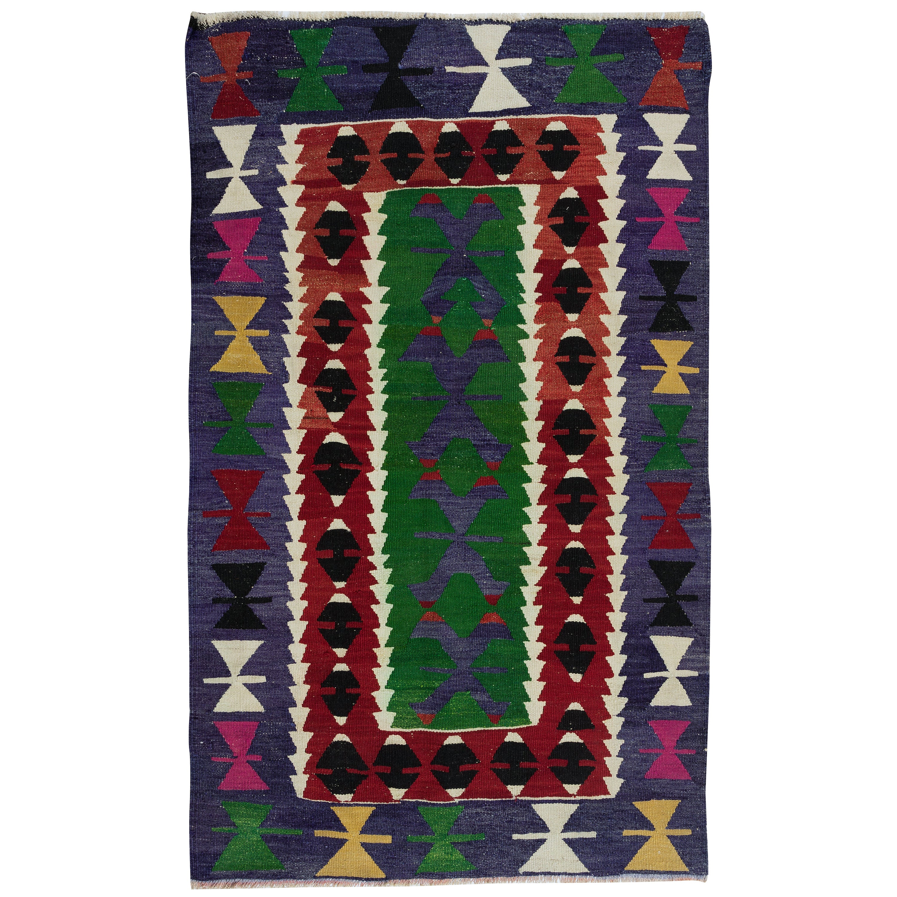 3x4.8 Ft Vintage Geometrischer türkischer Wollkilim 'Flat-Weave', farbenfroher Akzent-Teppich, Vintage im Angebot