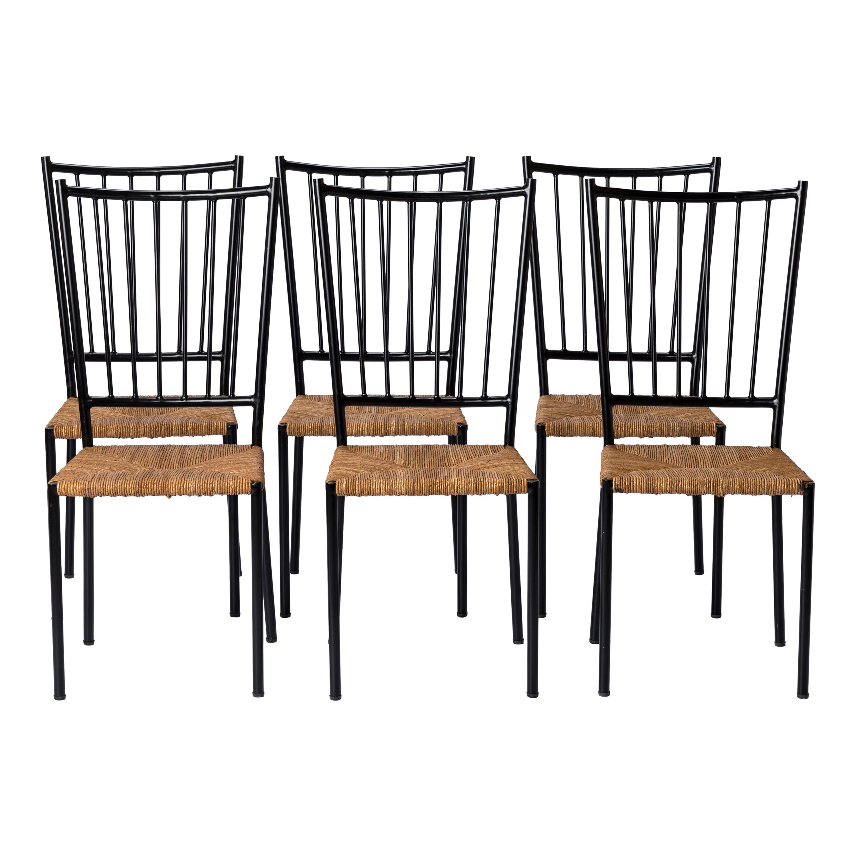 Sechs Stühle aus Binsen und lackiertem Stahl von Colette Gueden - Frankreich 1950er Jahre