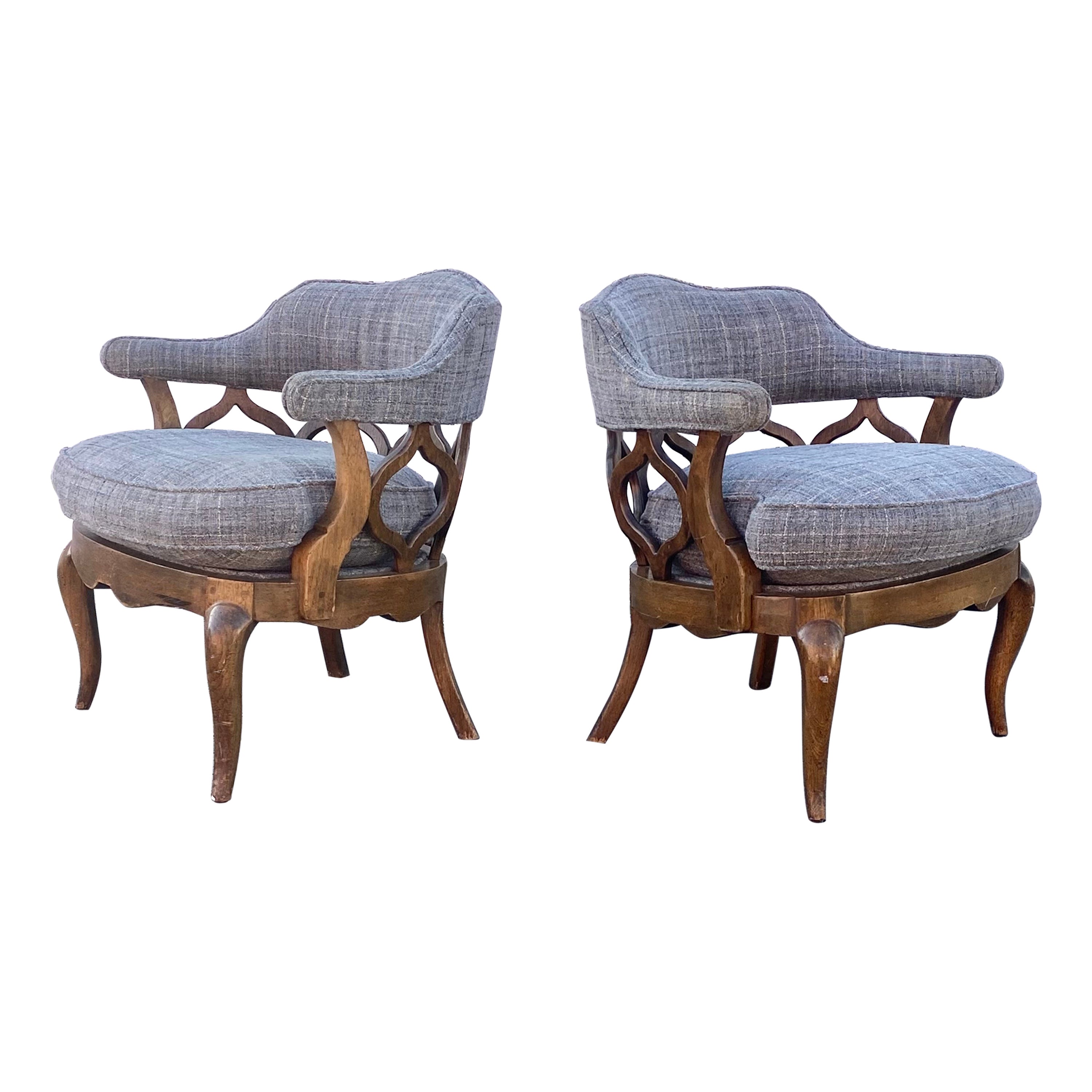 1970s  Mid Century Sculptural Curved Barrel Tweed Wood Chairs, Set of 2 For Sale