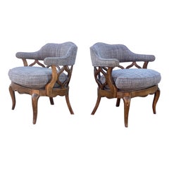 Vintage 1970s  Mid Century Sculptural Curved Barrel Tweed Wood Chairs, Set of 2