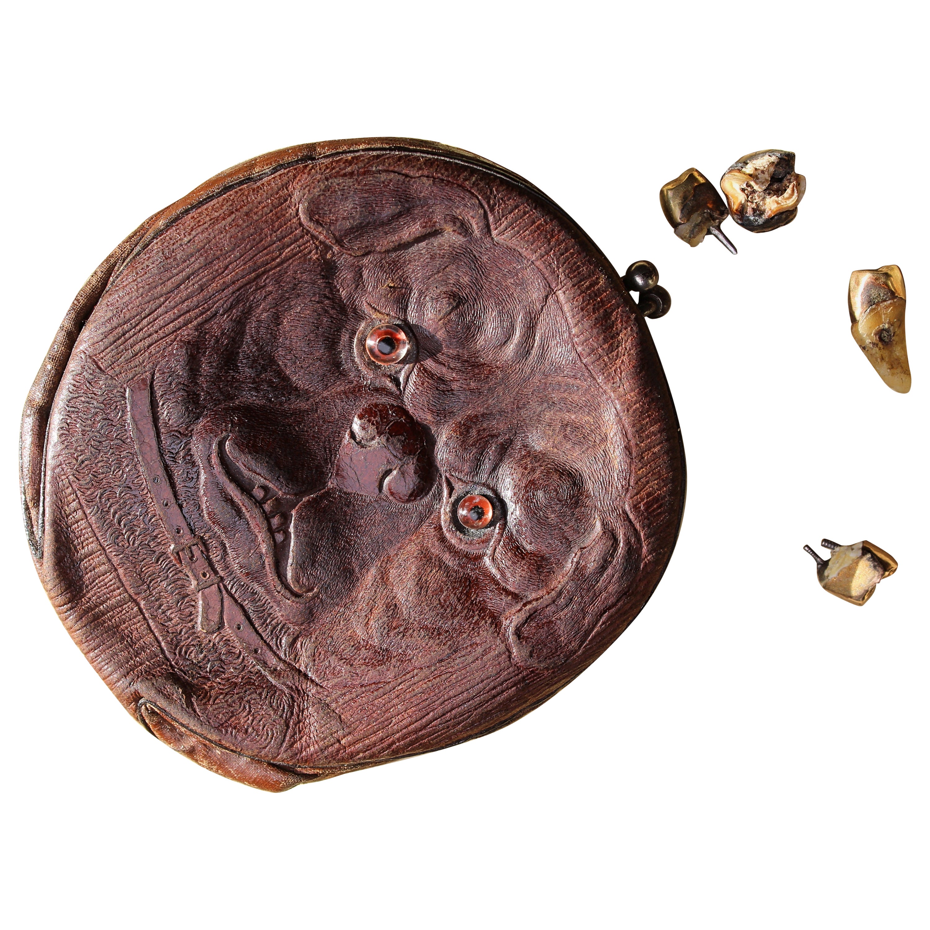 Mid 20th Century Folk Art Pug Bull Dog Leather Coin Purse Bag 