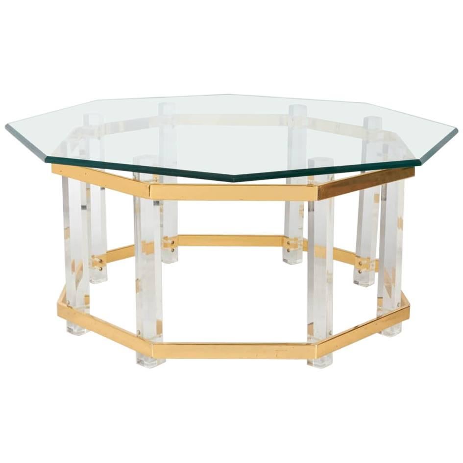 Lucite and Brass Coffee Table For Sale