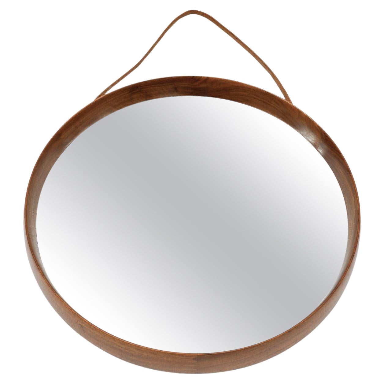 Lovely Round Wall Mirror in Teak and Leather, Sweden 1960s