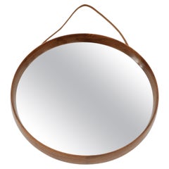 Vintage Lovely Round Wall Mirror in Teak and Leather, Sweden 1960s