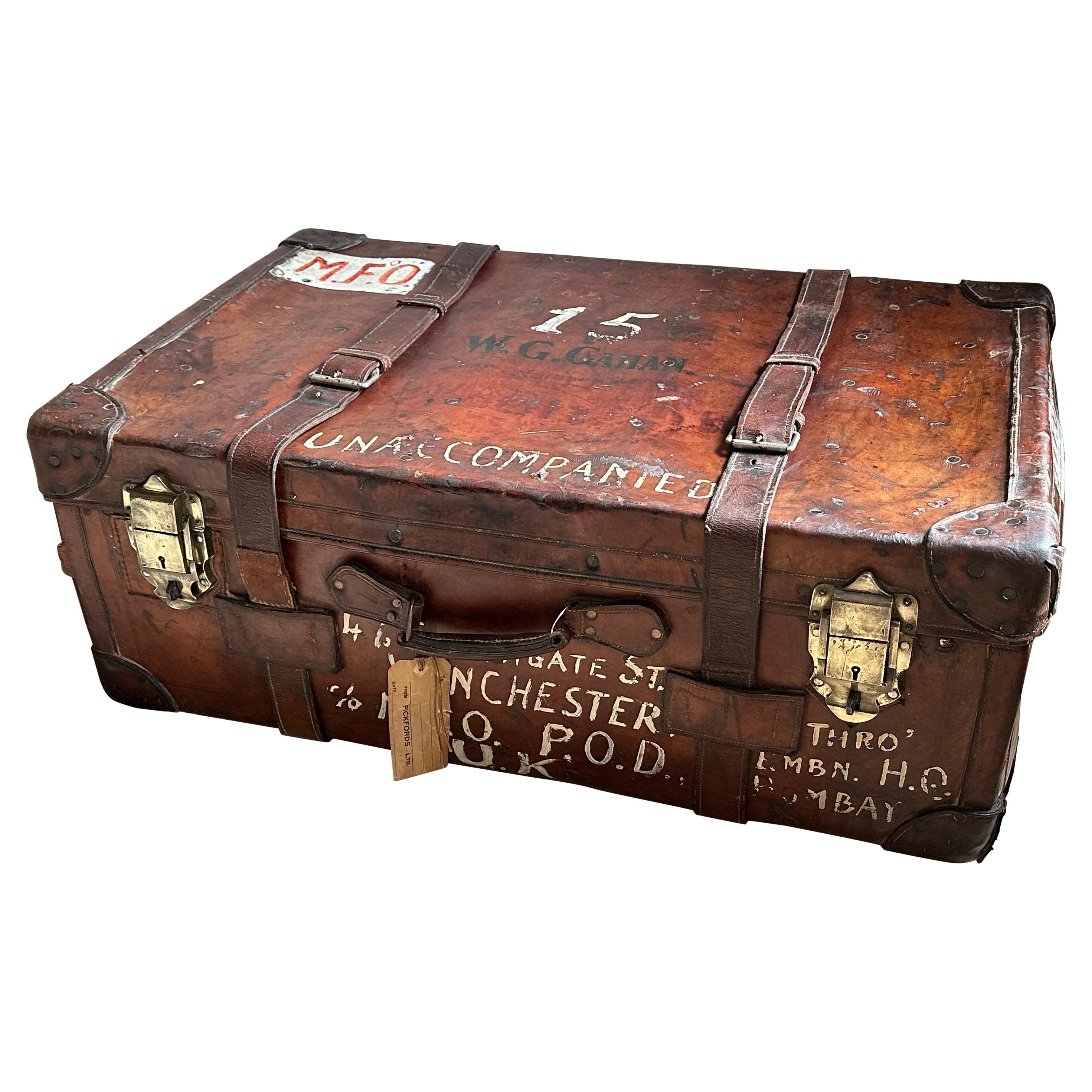 Antique Leather Trunk from England with captivating Patina For Sale