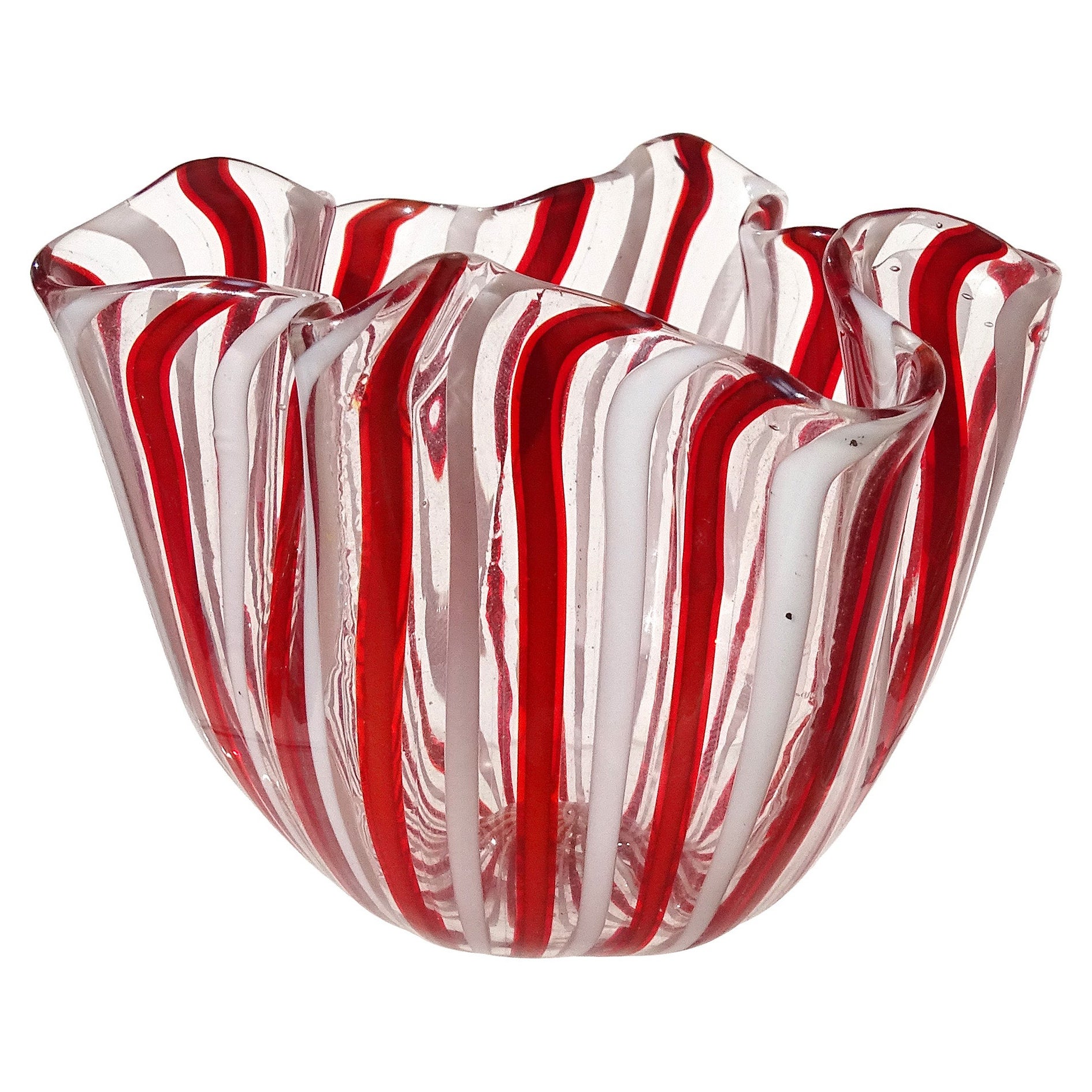 Venini Bianconi Murano Red White Ribbons Italian Art Glass Fazzoletto Vase For Sale