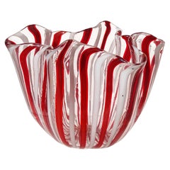 Venini Bianconi Murano Red White Ribbons Italian Art Glass Fazzoletto Vase