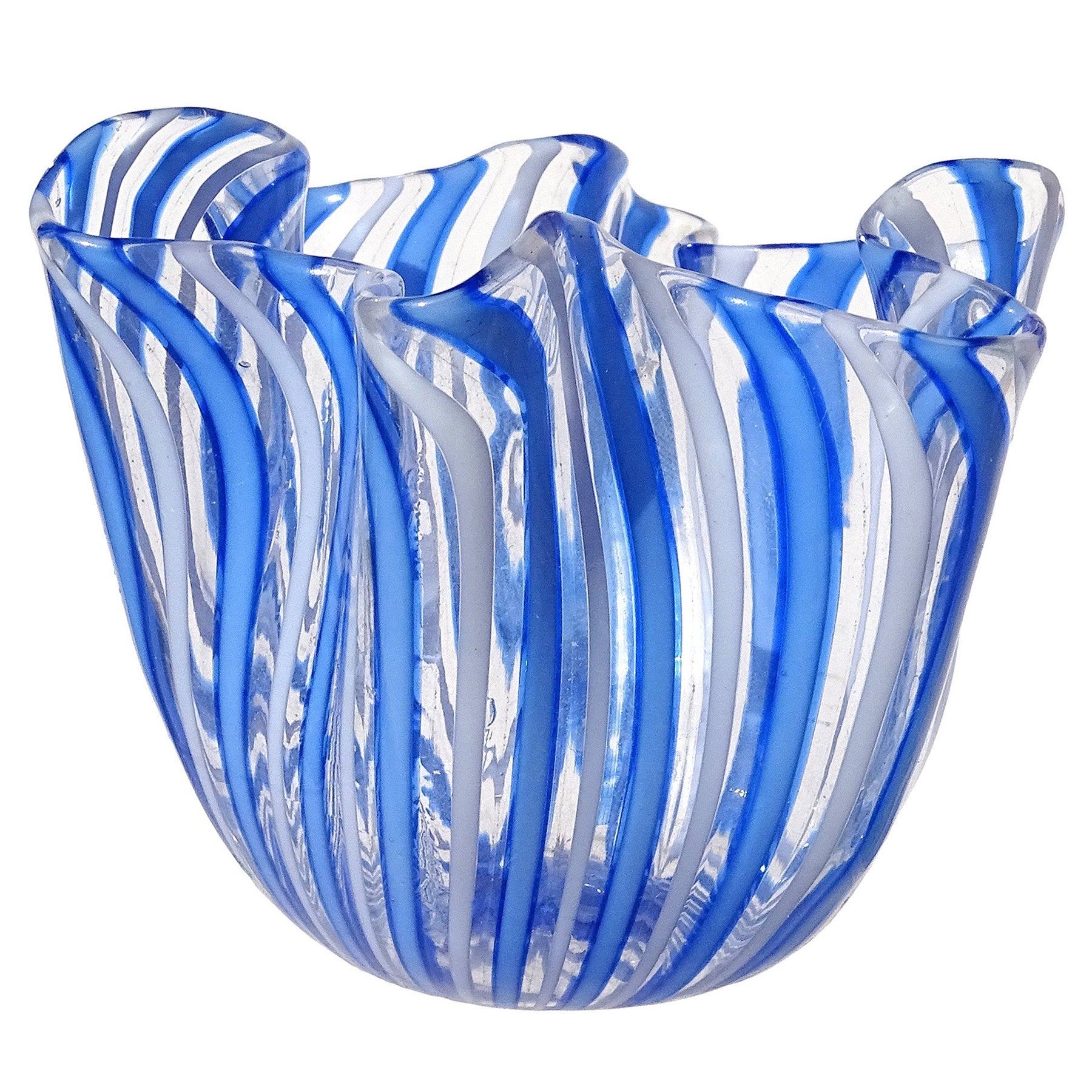 Vase Fazzoletto de Venini Bianconi Murano en verre d'art italien bleu et blanc avec rubans