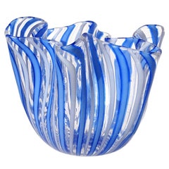 Venini Bianconi Murano Blue White Ribbons Italian Art Glass Fazzoletto Vase