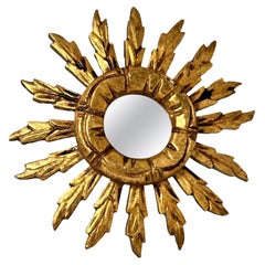 Petite French Starburst Sunburst Gilded Wood Mirror Toleware, circa 1930s