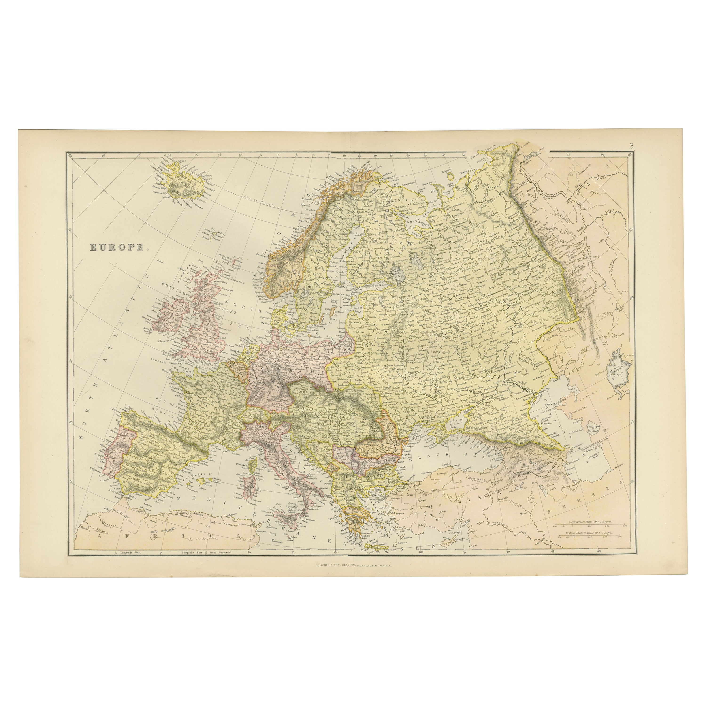 Farbenfrohe detaillierte antike Karte von Europa, veröffentlicht im Jahr 1882 im Angebot