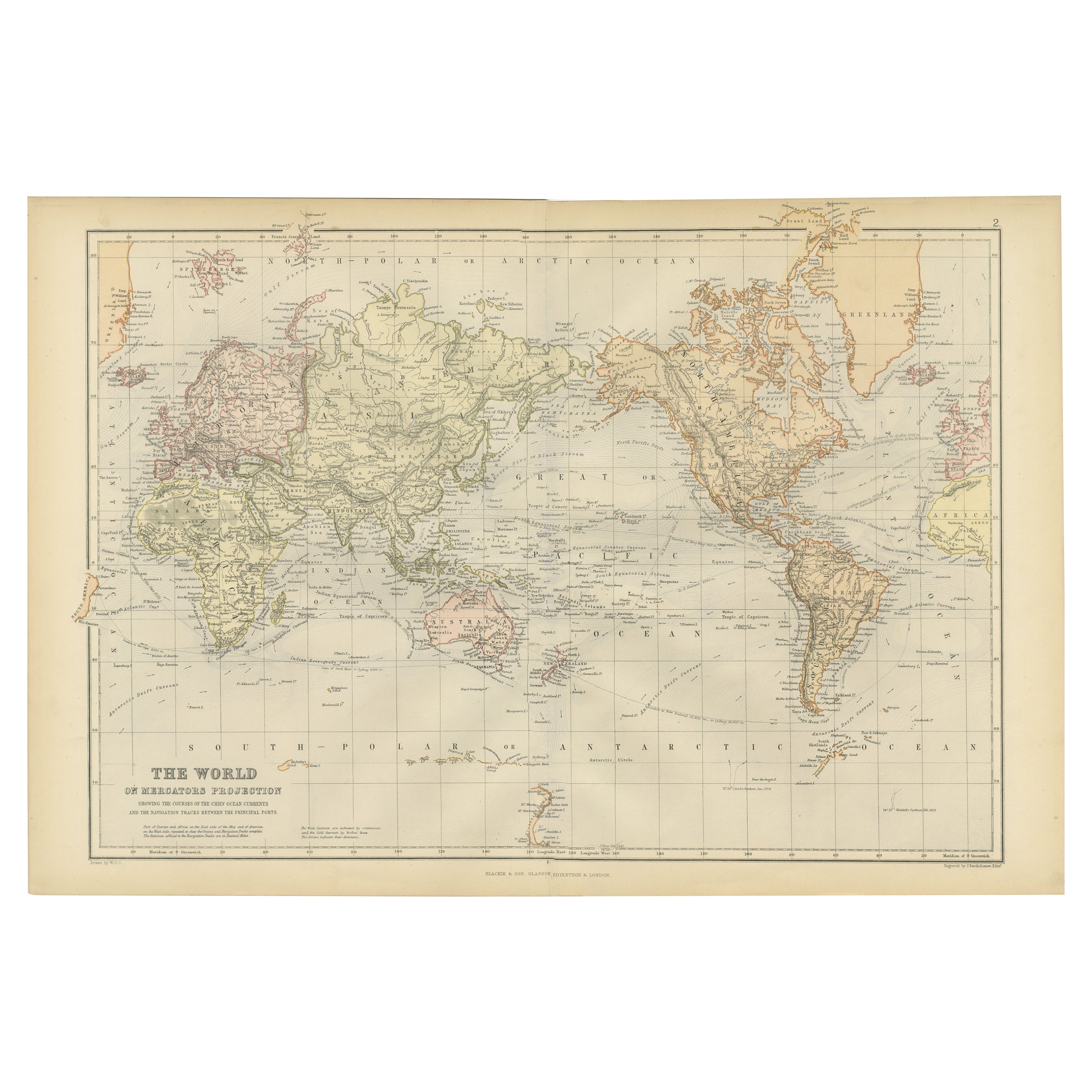 Colorful Detailed Antique Map of The World on Mercators Projection, 1882 For Sale