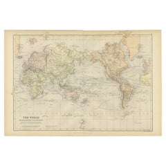 Colorful Detailed Antique Map of The World on Mercators Projection, 1882