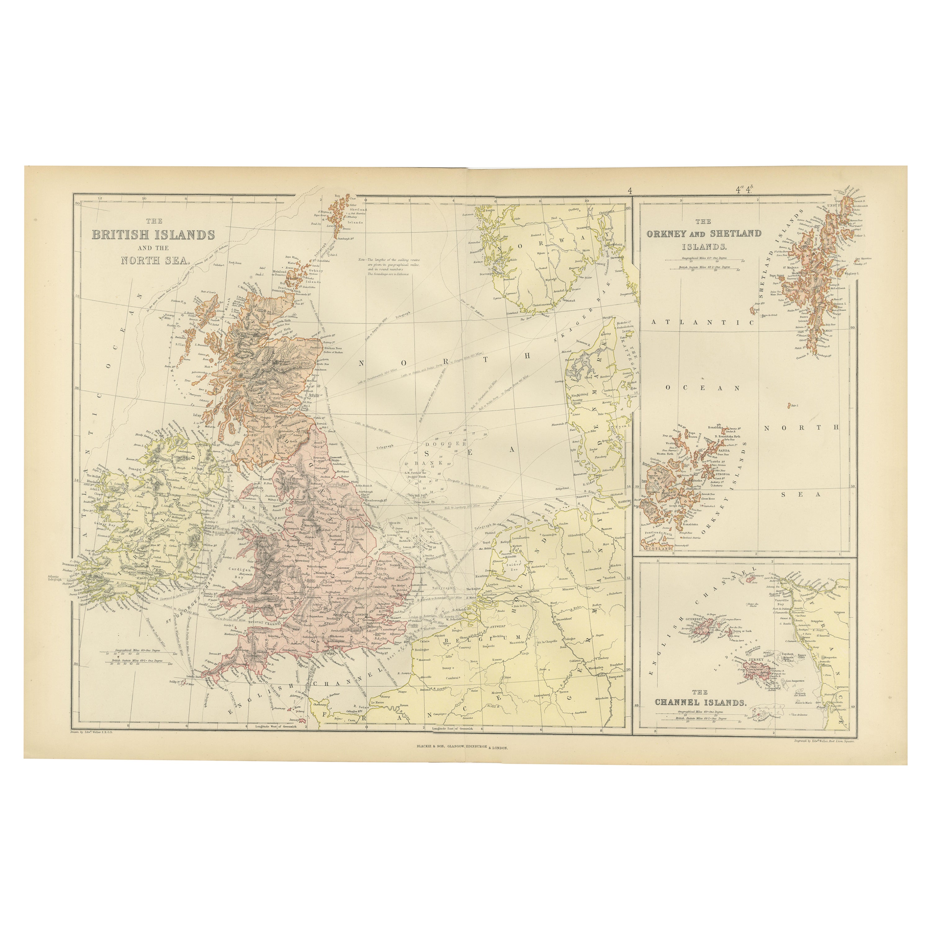 Colorful Detailed Antique Map of The British Islands and `The North Sea, 1882 For Sale