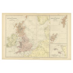 Bunte, detaillierte antike Karte der britischen Inseln und „The North Sea“, 1882
