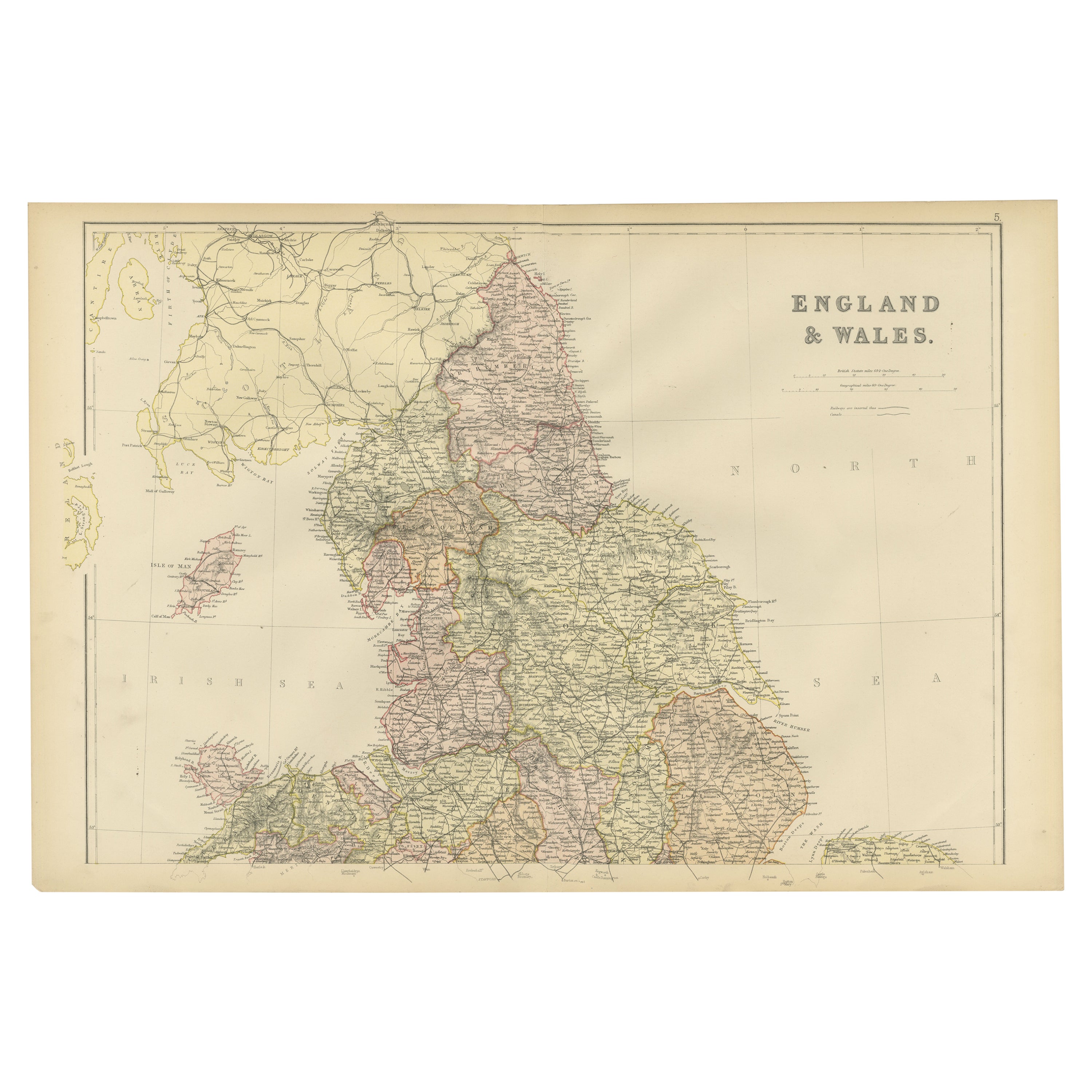 Colorful Detailed Antique Map of England and Wales, 1882 For Sale