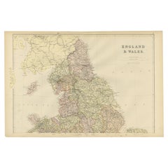 Carte ancienne colorée d'Angleterre et de Galles, 1882