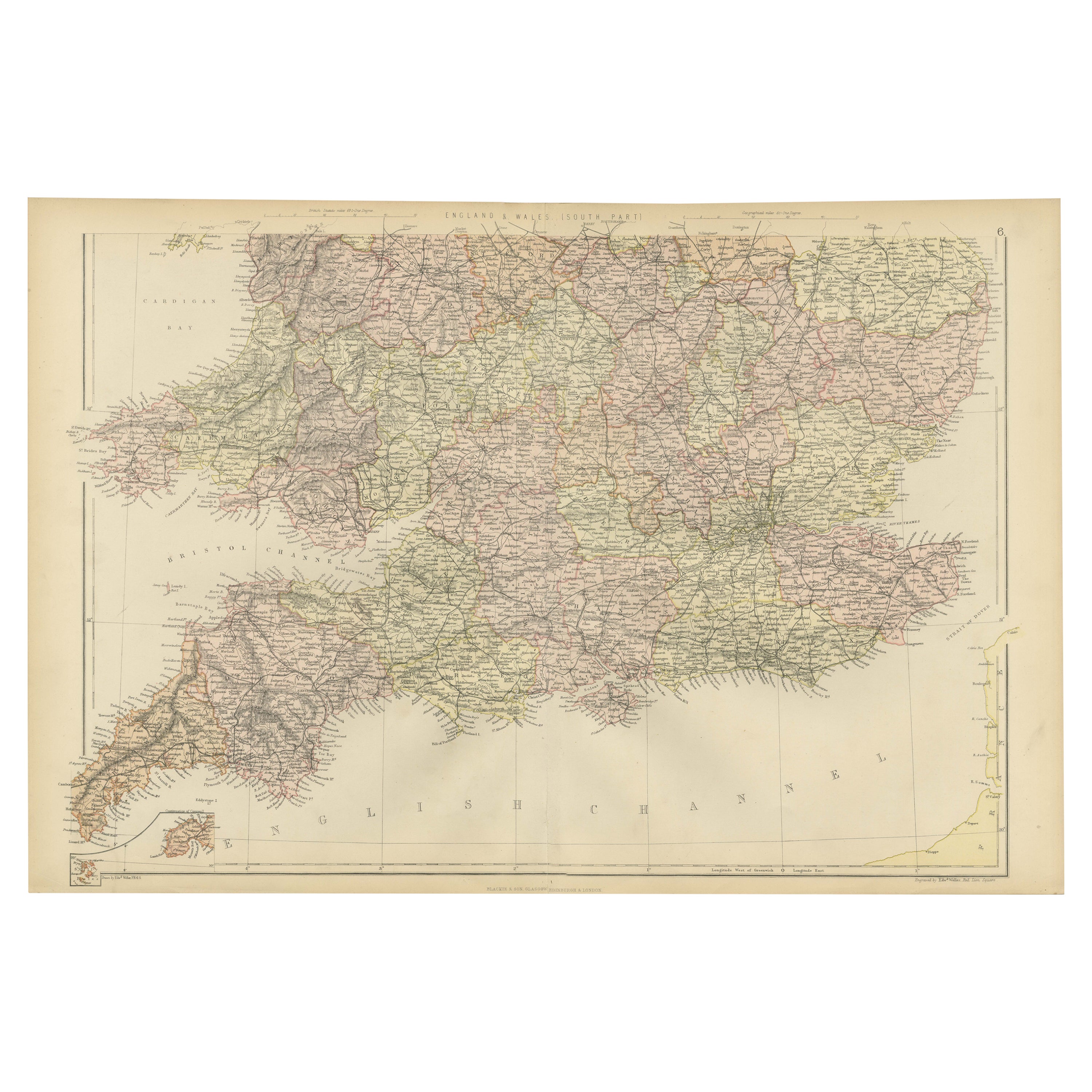 Colorful Detailed Antique Map of England and Wales (South Part), 1882 For Sale