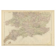 Carte ancienne colorée d'Angleterre et de Galles (partie sud), 1882