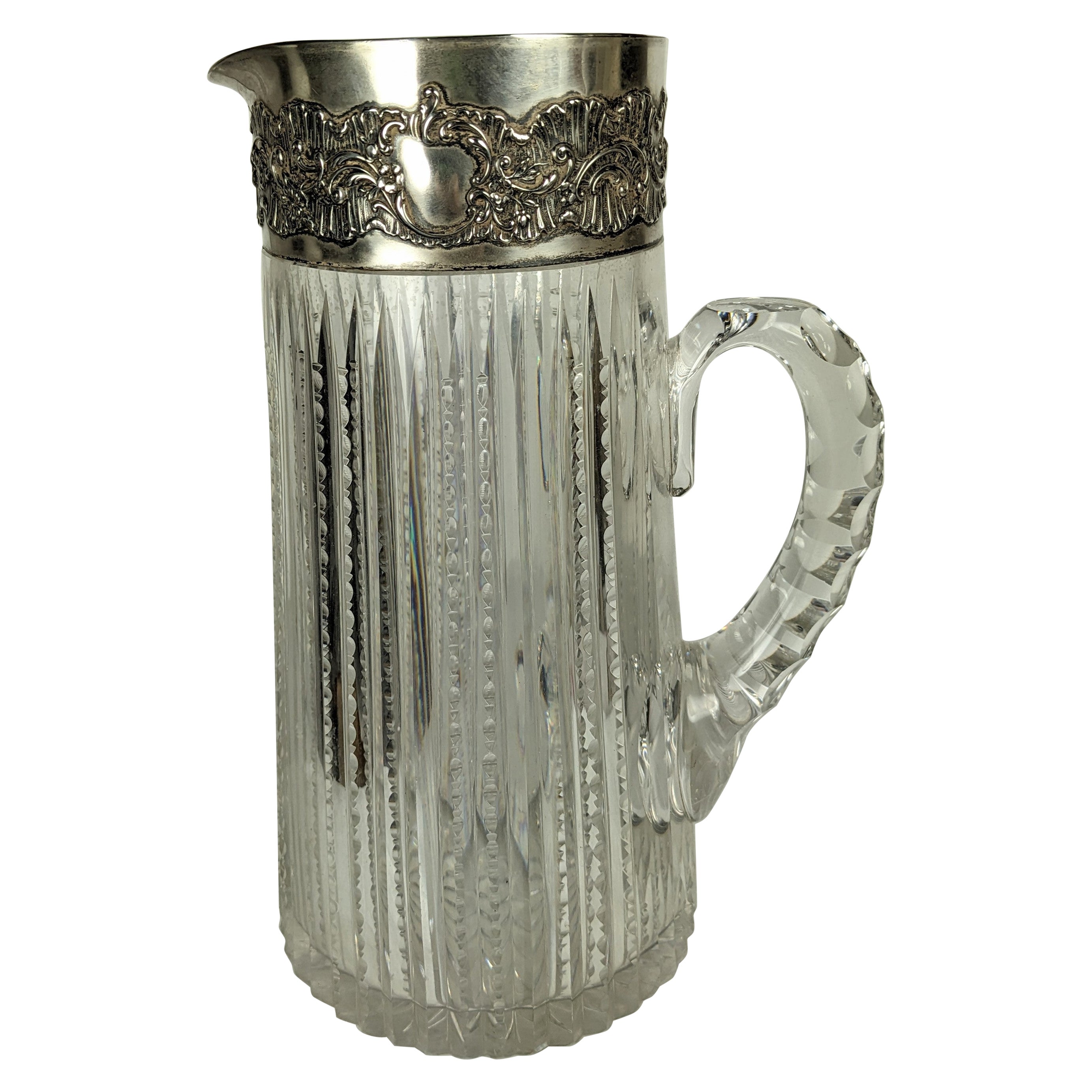 Edwardian Sterling Trimmed Cut Crystal Pitcher For Sale