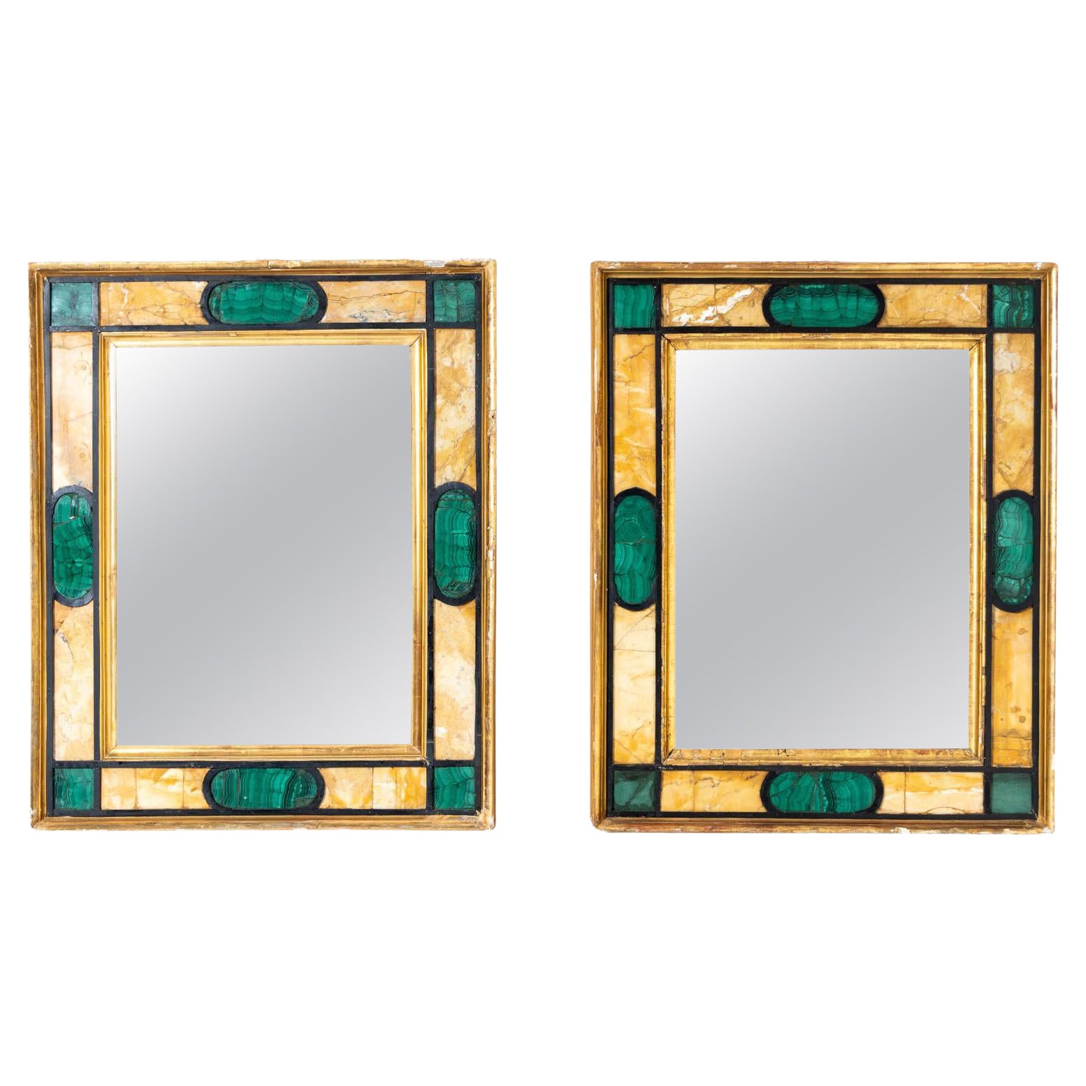 Pair of Wall Mirrors in Giallo Siena and Malachite, Italy 18th Century For Sale