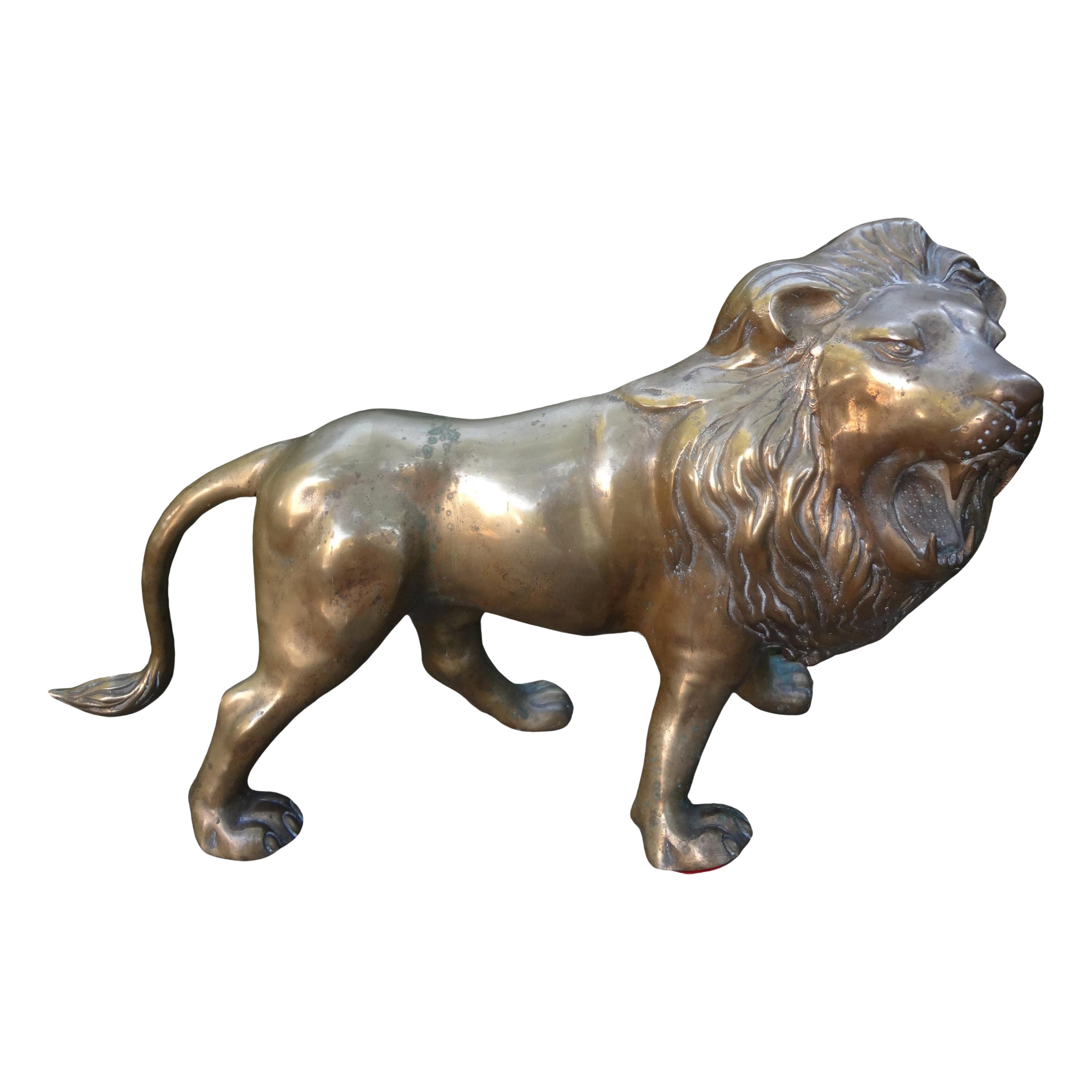 Large Hollywood Regency Brass Lion Sculpture For Sale