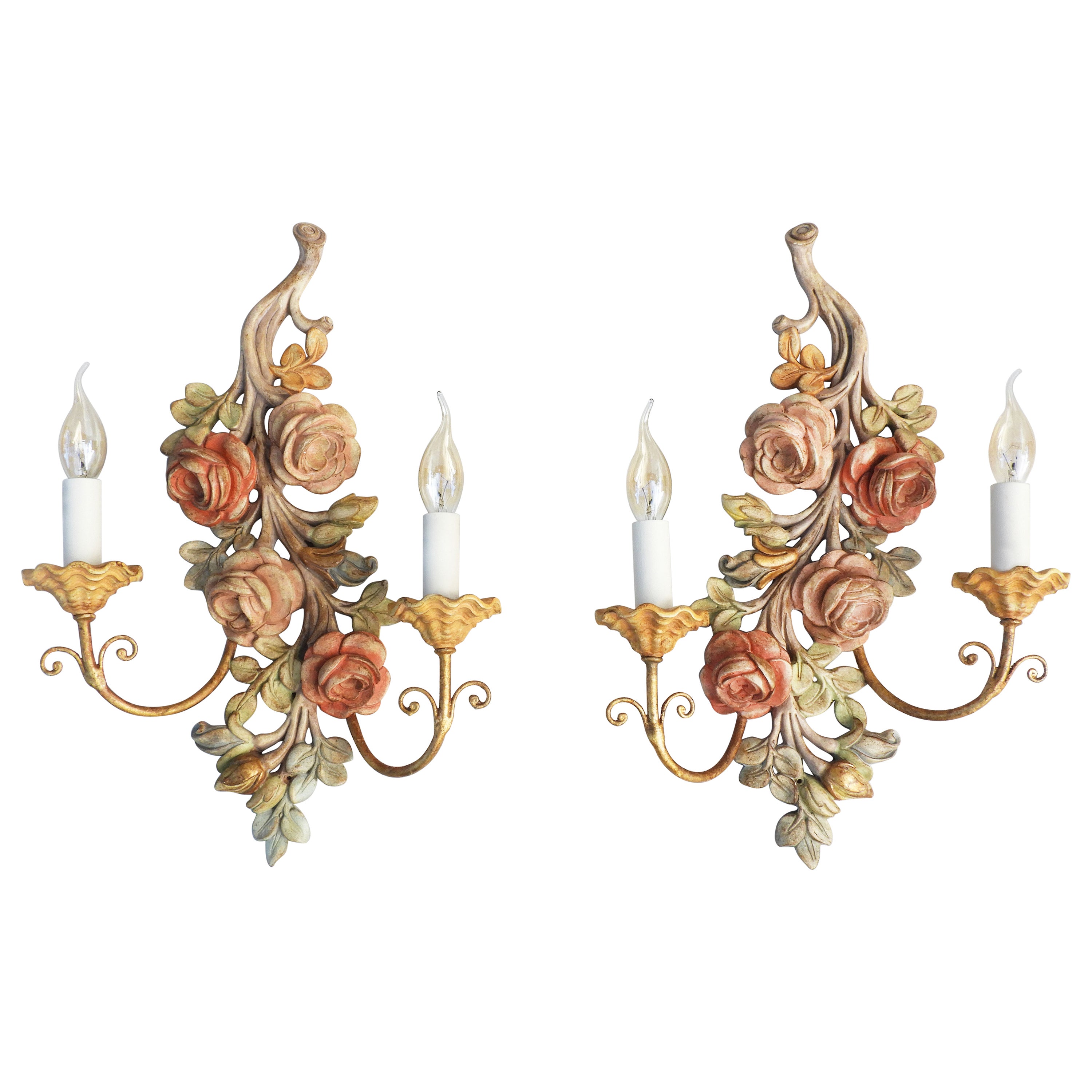 Pair of Vintage Italian Carved Wood Rose Flower Wall light Sconces For Sale