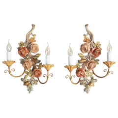 Pair of Used Italian Carved Wood Rose Flower Wall light Sconces