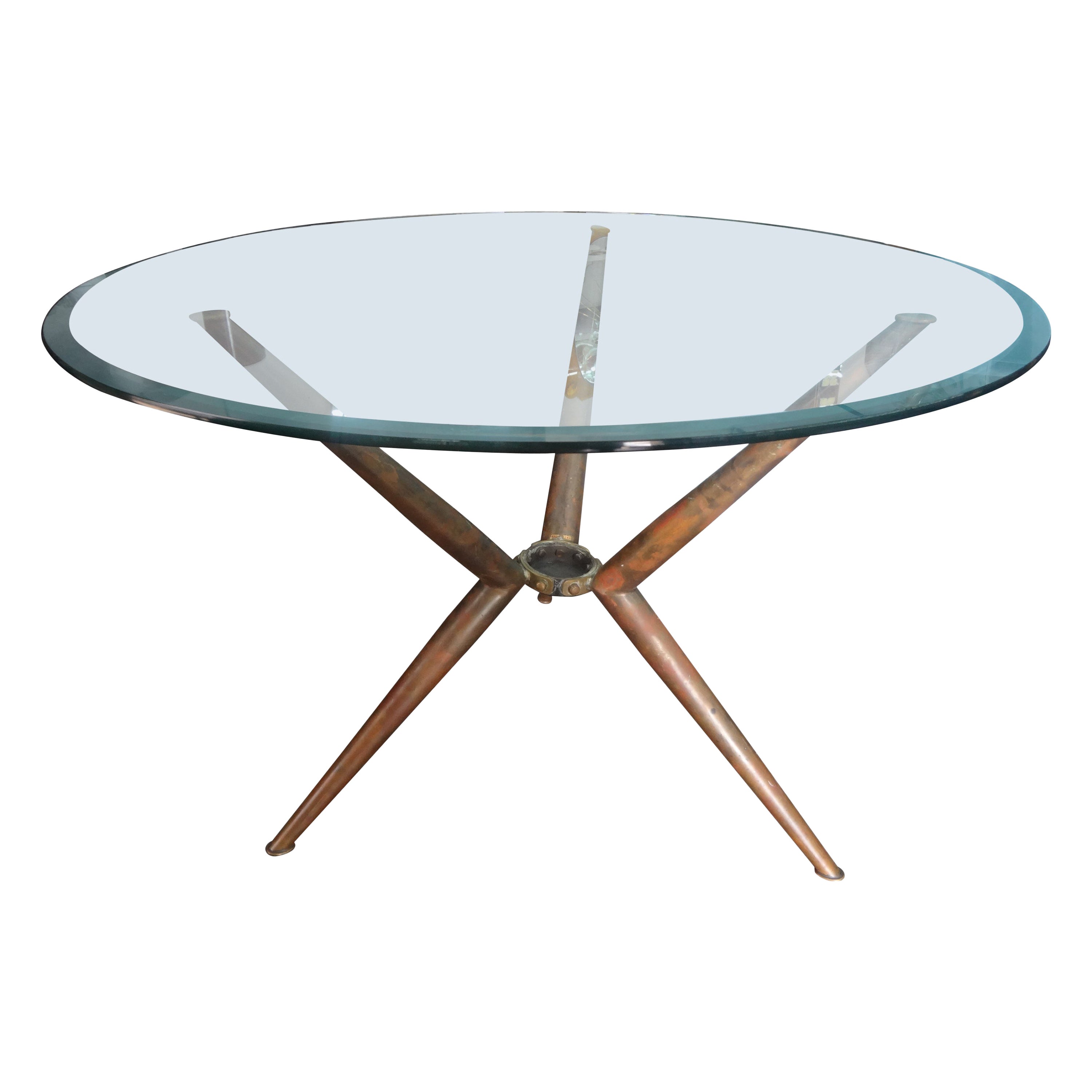 Italian Modern Brass Tripod Center Table With Glass Top For Sale