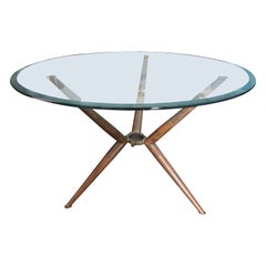 Moderner italienischer moderner Dreibein-Mitteltisch aus Messing mit Glasplatte