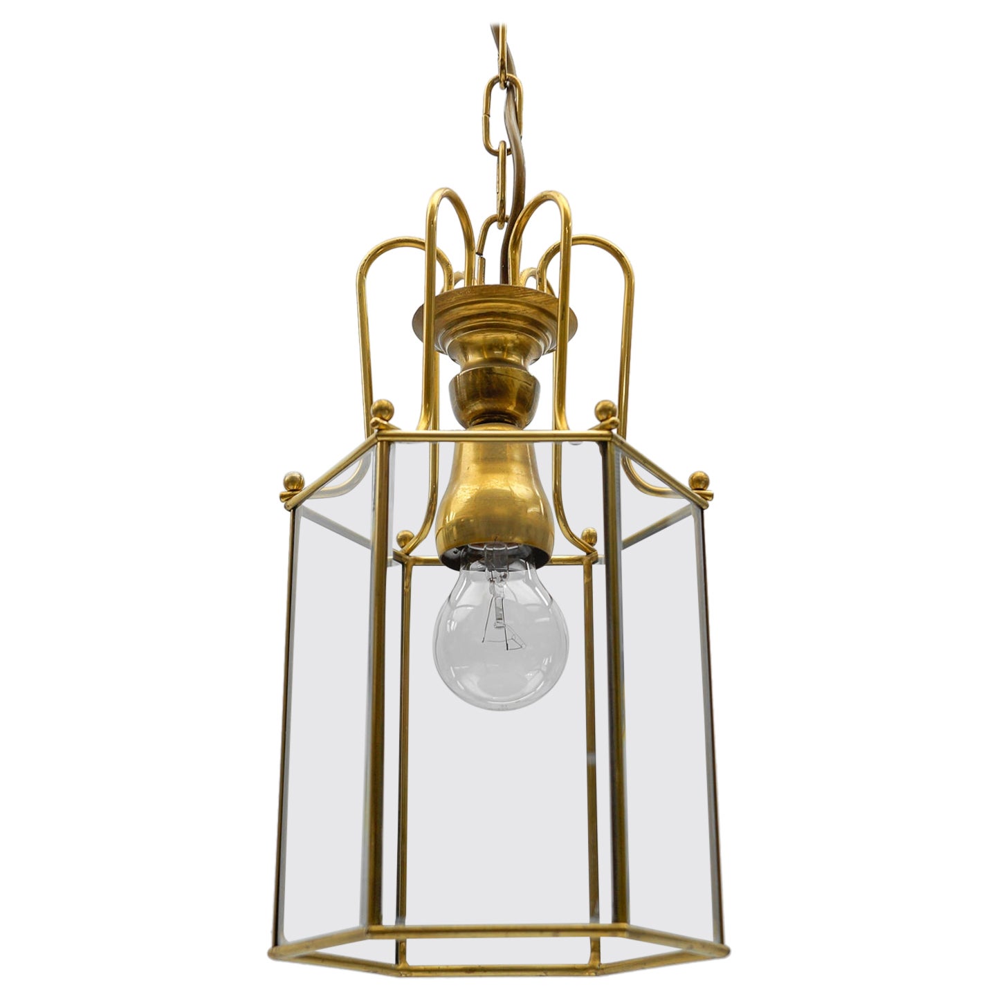 Art Deco Cut Glass Pendant Lamp in Brass, 1940s / 1950s For Sale