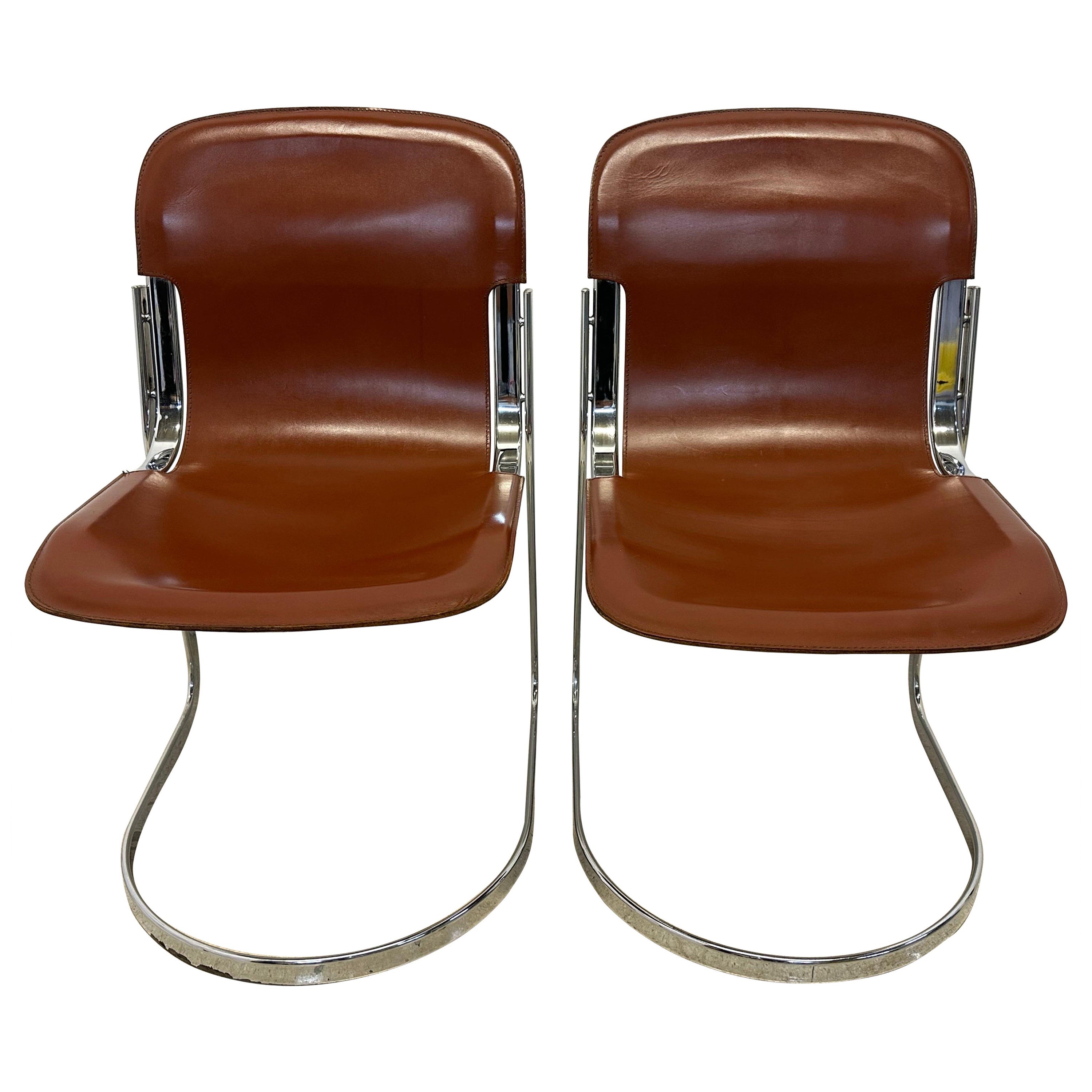 Willow Rizzo Cantilevered Leather and Chrome Dining Chairs for Cidue - a Pair