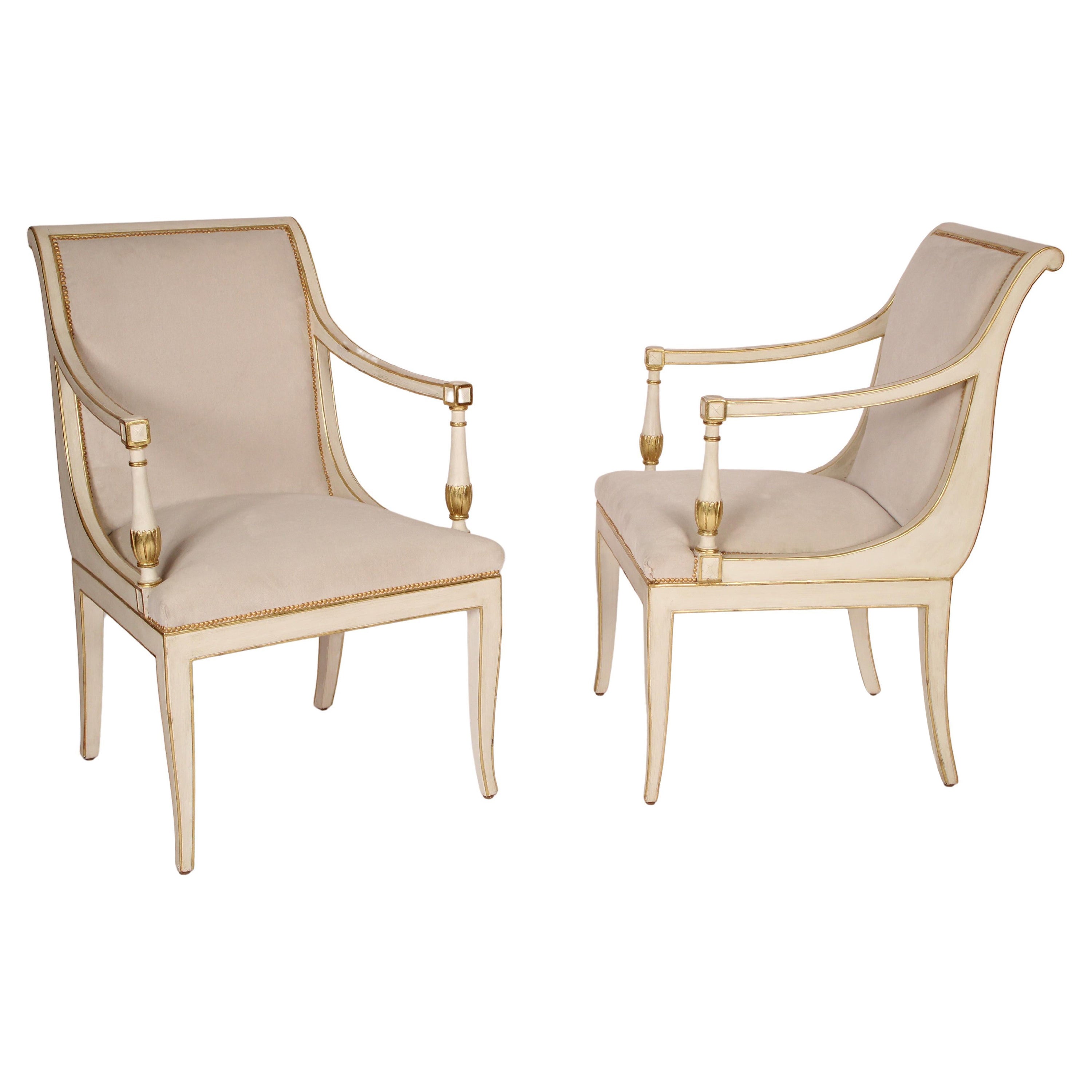 Pair of Neo Classical Style Painted and Gilt Decorated Armchairs For Sale
