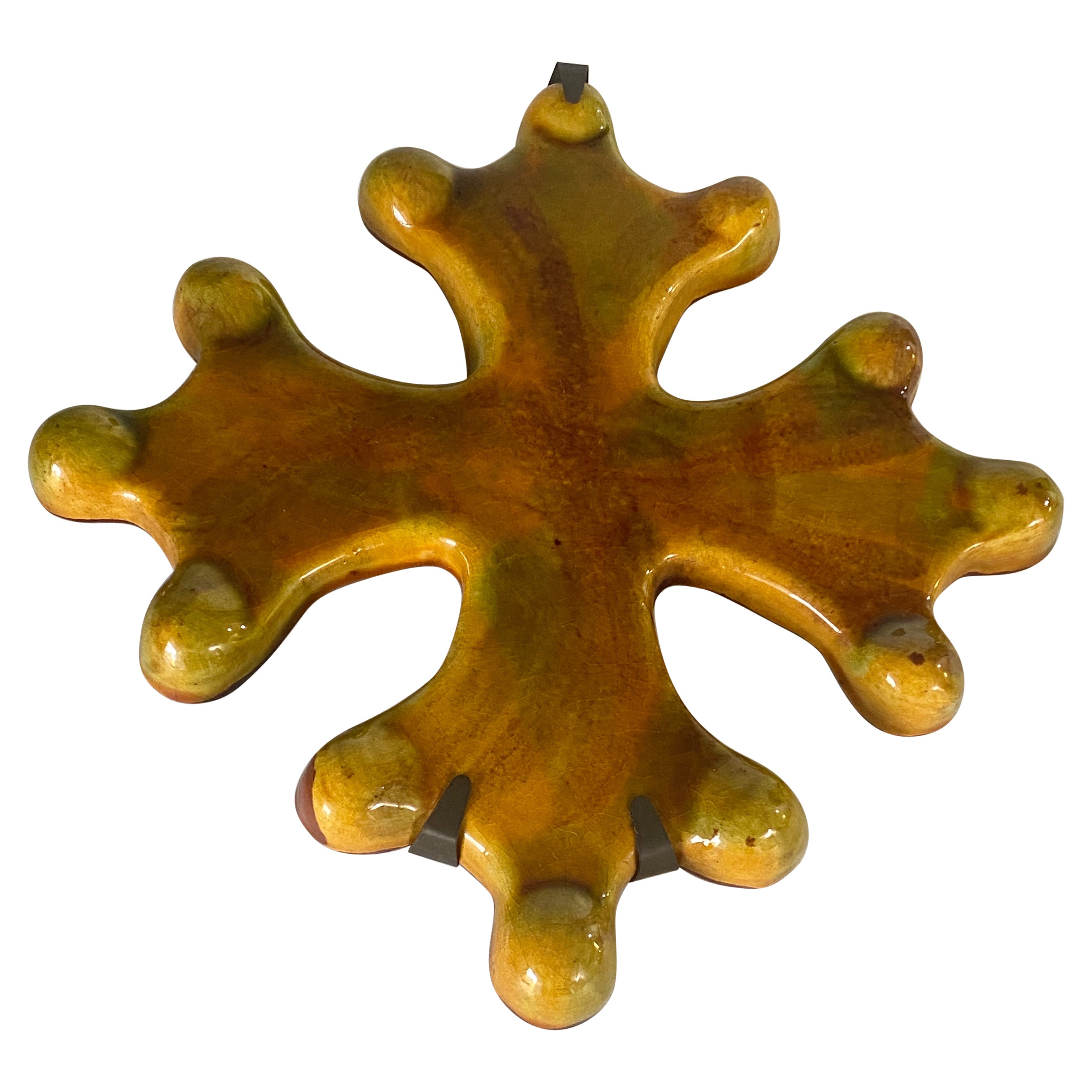Wall Decoration in Ceramic representing a Cross Yellow and Green Colors 20th 