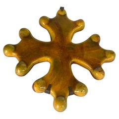 Wall Decoration in Ceramic representing a Cross Yellow and Green Colors 20th 