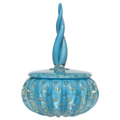 Barbini Murano 1950s Blue Gold Flecks Bubble Italian Art Glass Vanity Powder Box